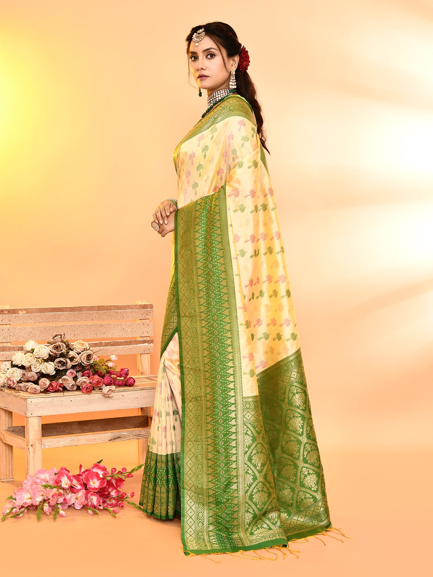 Light Yellow and Green Banarasi Silk Saree with Unstitched Blouse