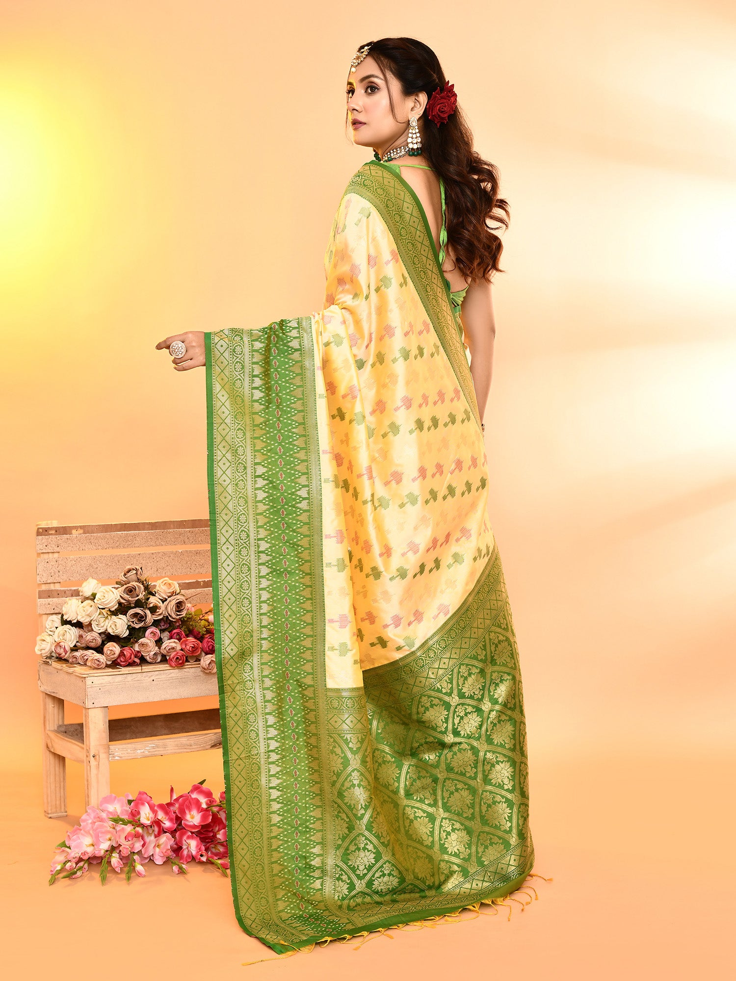 Light Yellow and Green Banarasi Silk Saree with Unstitched Blouse