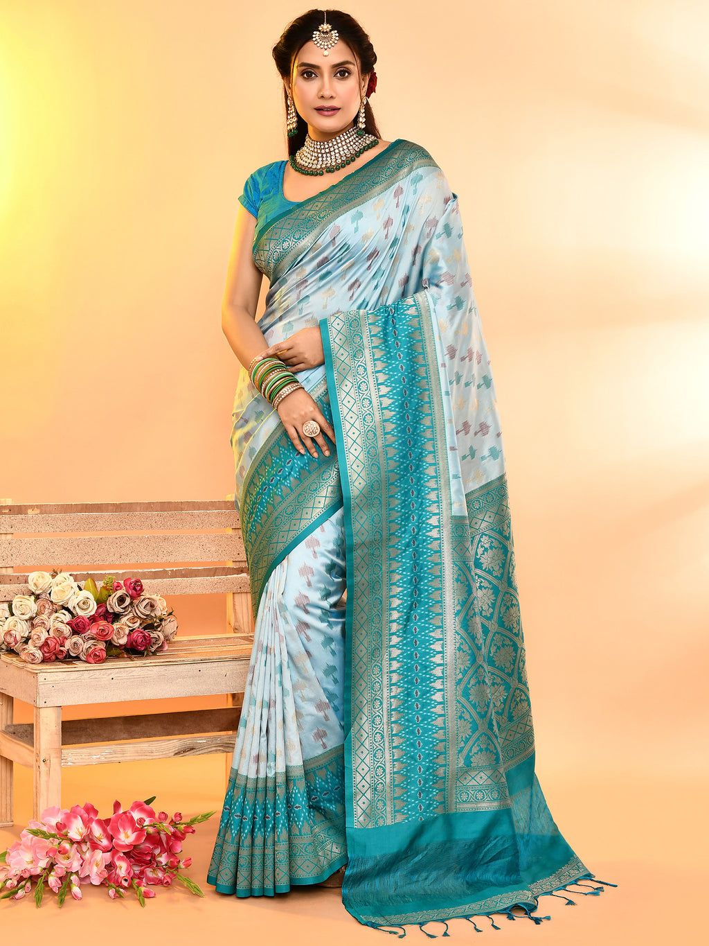 Sky Blue Banarasi Silk Saree with Unstitched Blouse
