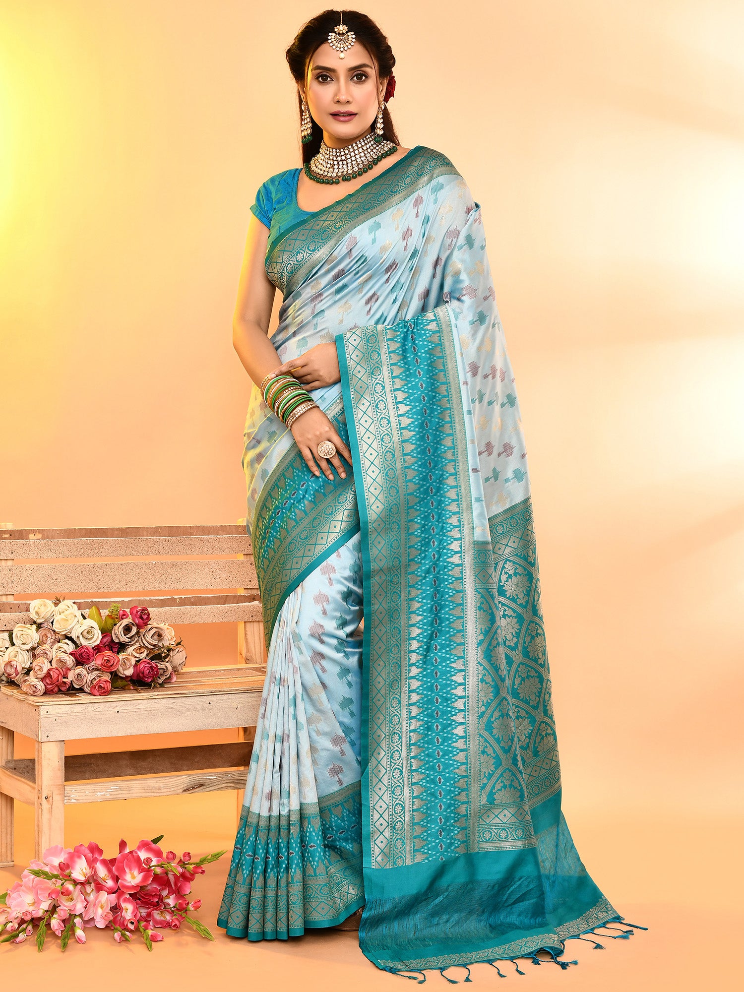 Sky Blue Banarasi Silk Saree with Unstitched Blouse