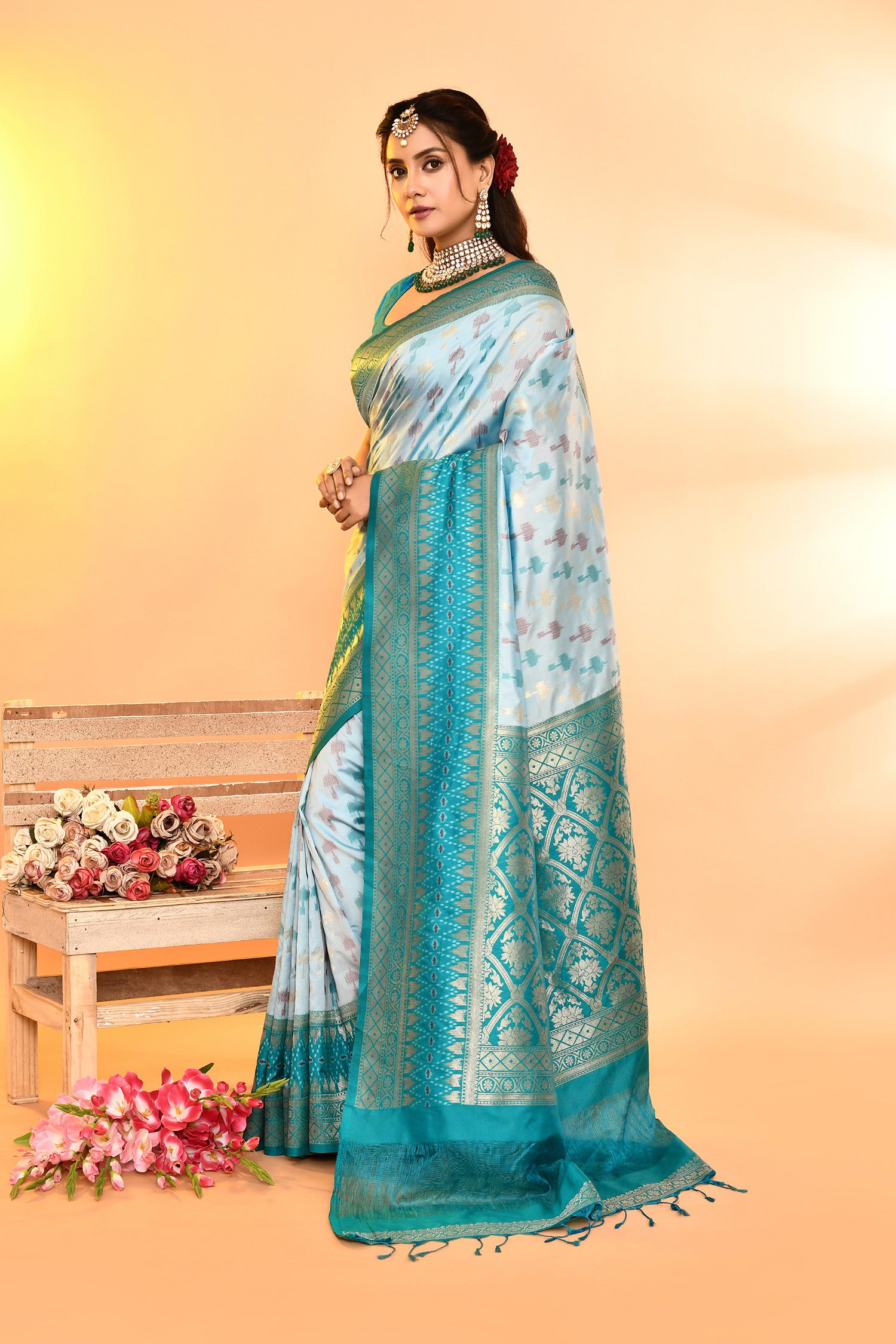 Sky Blue Banarasi Silk Saree with Unstitched Blouse