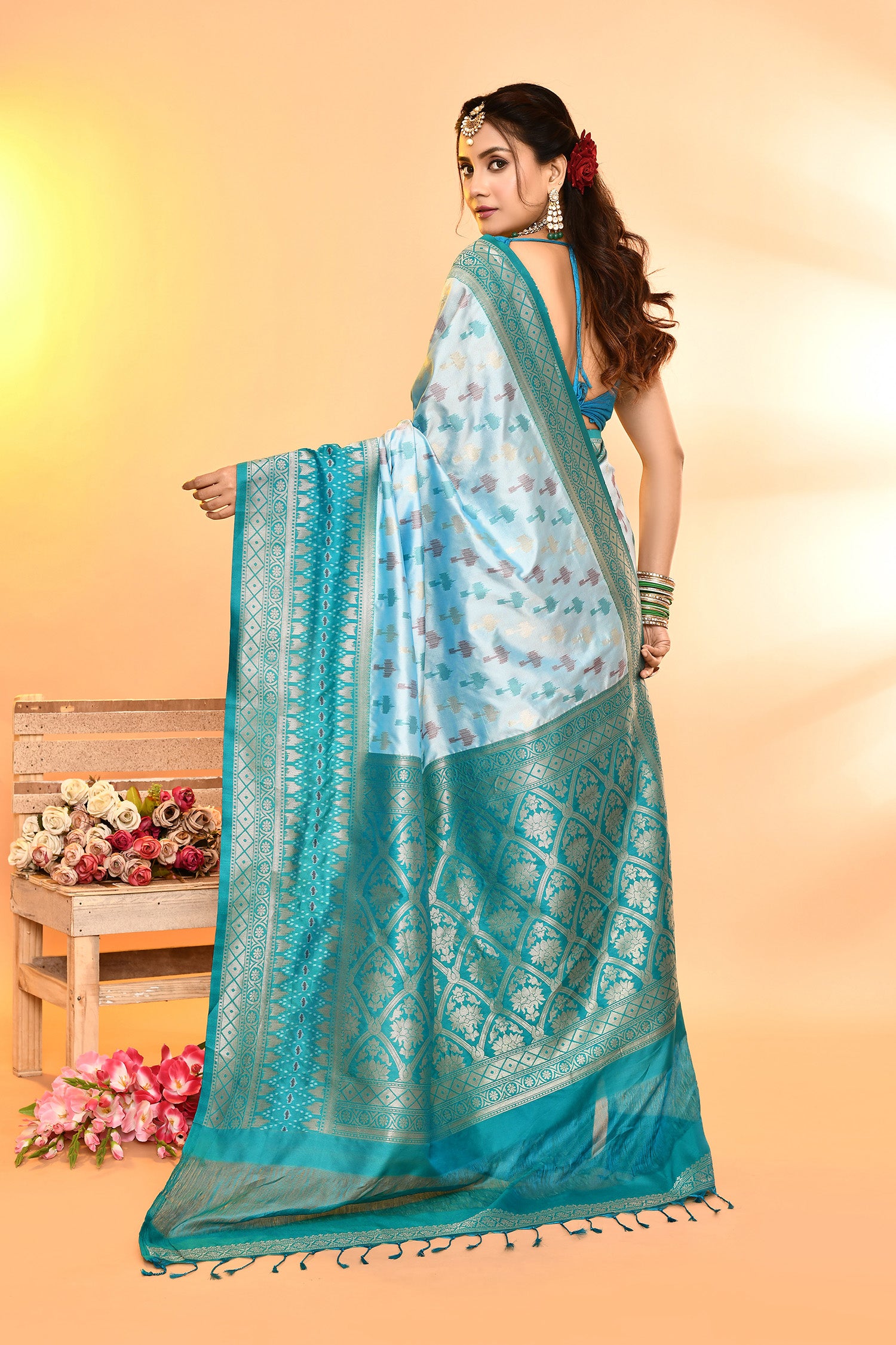 Sky Blue Banarasi Silk Saree with Unstitched Blouse