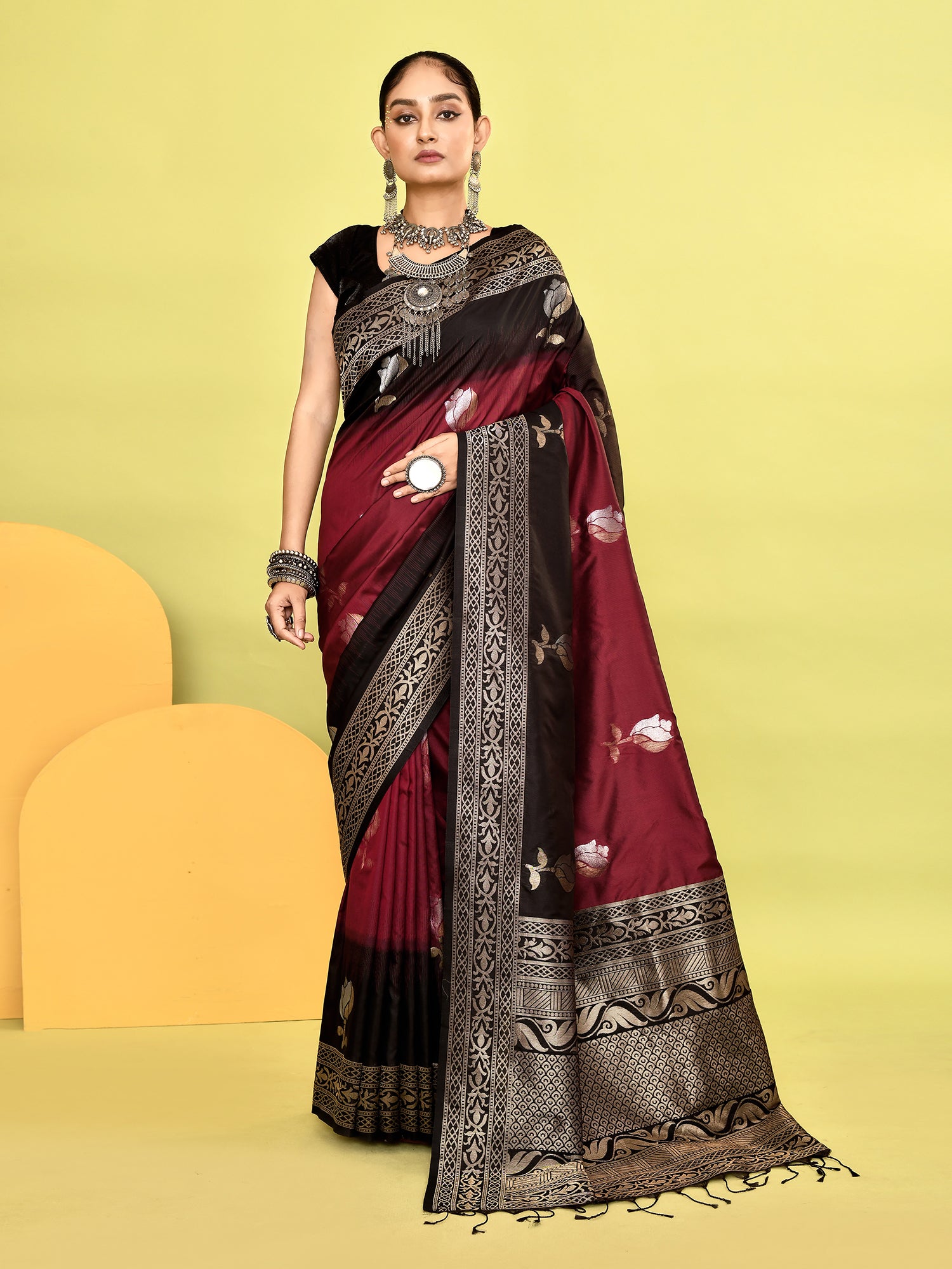 Black and Maroon Banarasi Silk Saree with Unstitched Blouse