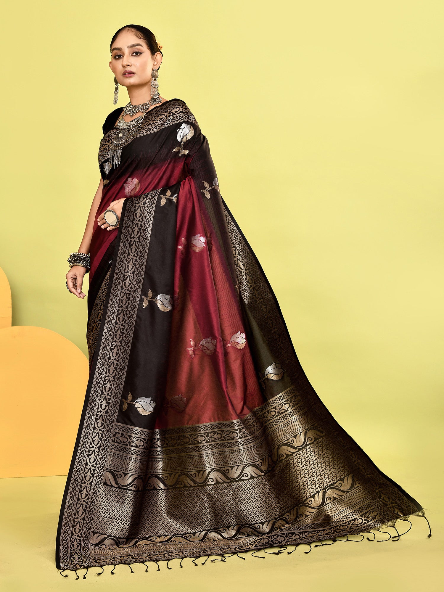 Black and Maroon Banarasi Silk Saree with Unstitched Blouse