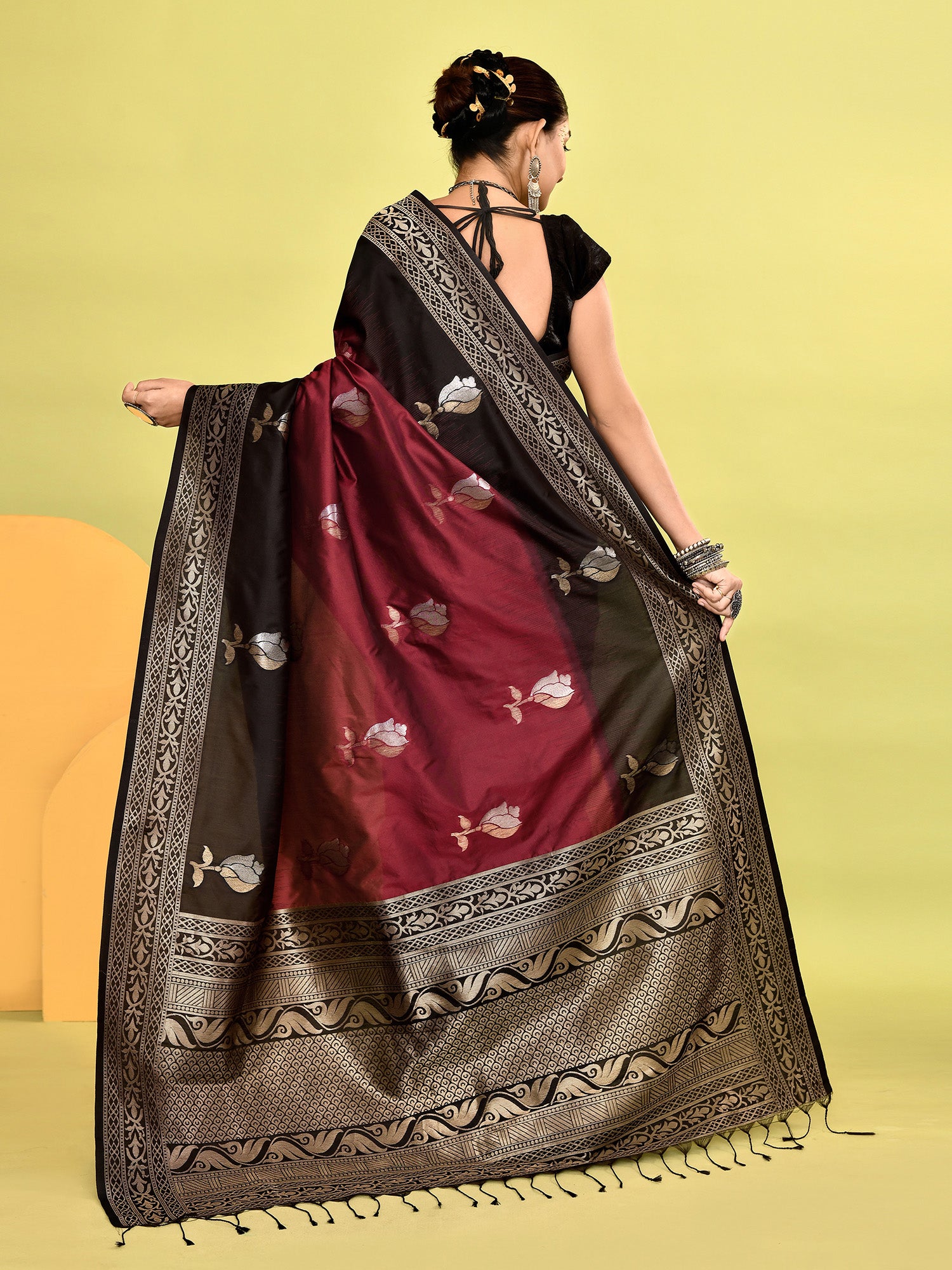 Black and Maroon Banarasi Silk Saree with Unstitched Blouse