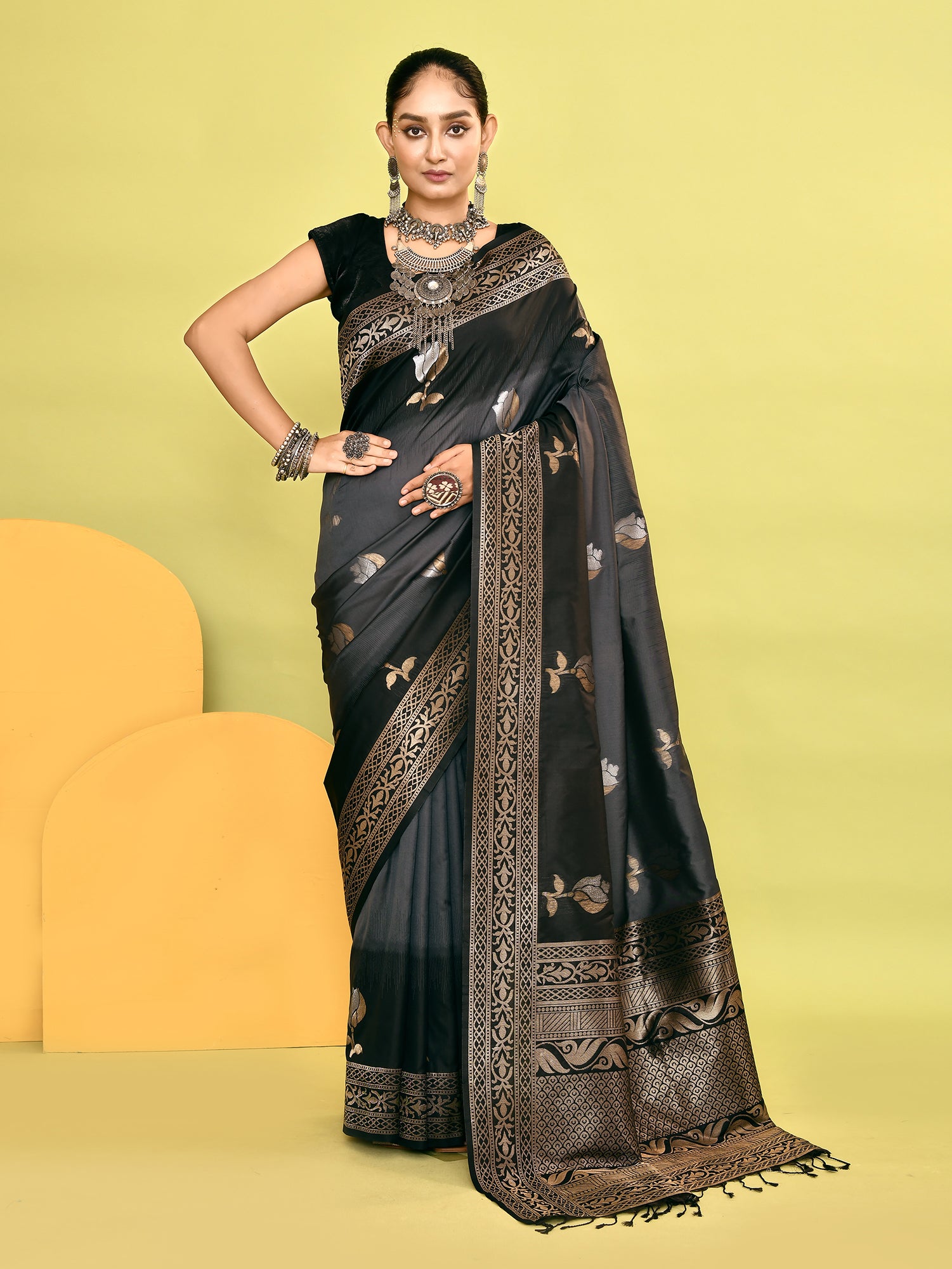 Grey and Black Banarasi Silk Saree with Unstitched Blouse
