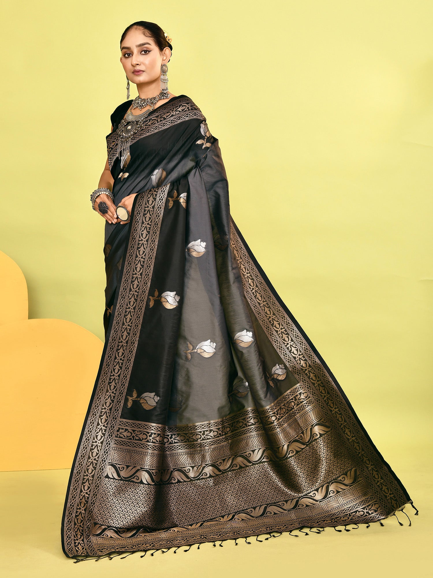 Grey and Black Banarasi Silk Saree with Unstitched Blouse