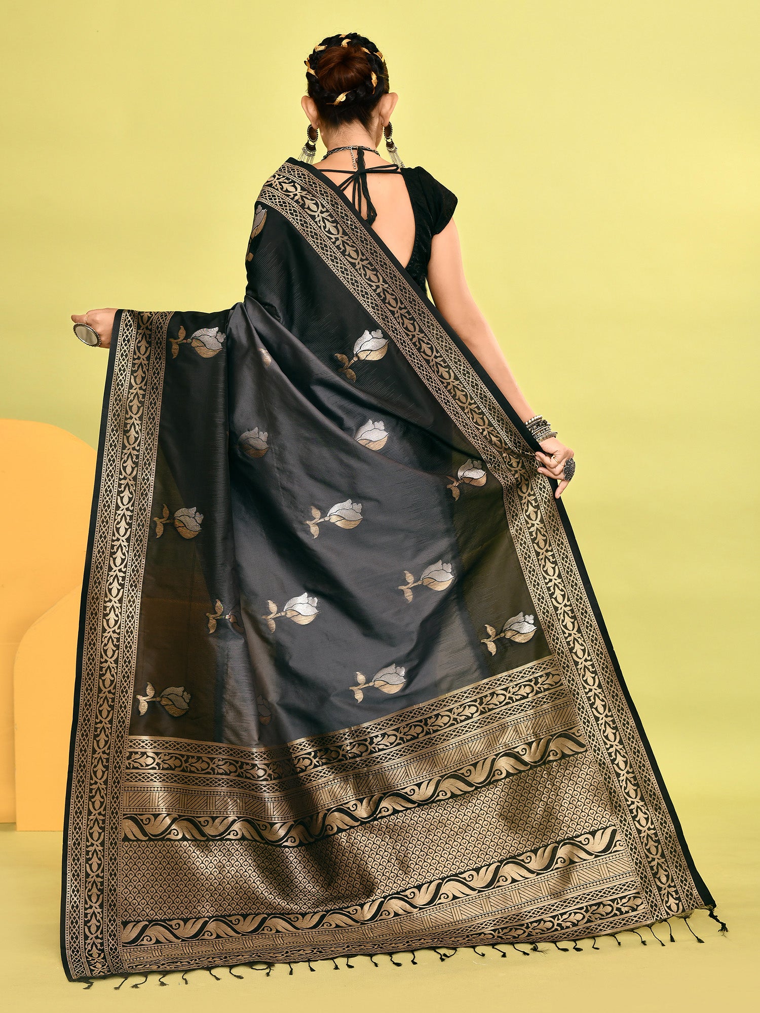 Grey and Black Banarasi Silk Saree with Unstitched Blouse