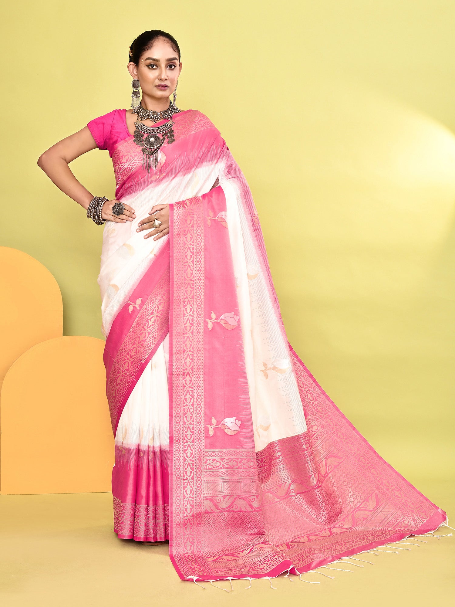 Pink and White Banarasi Silk Saree with Unstitched Blouse
