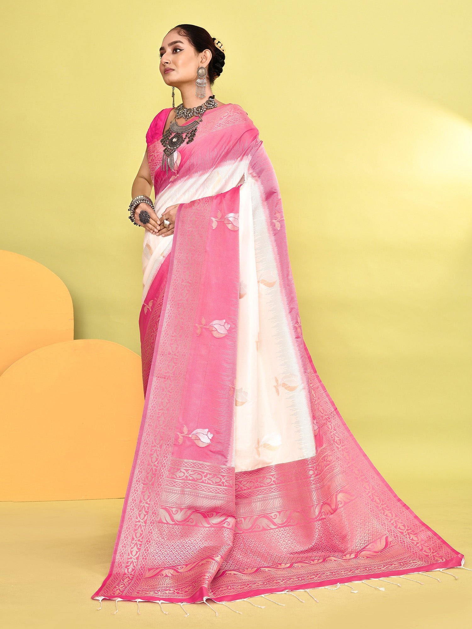 Pink and White Banarasi Silk Saree with Unstitched Blouse