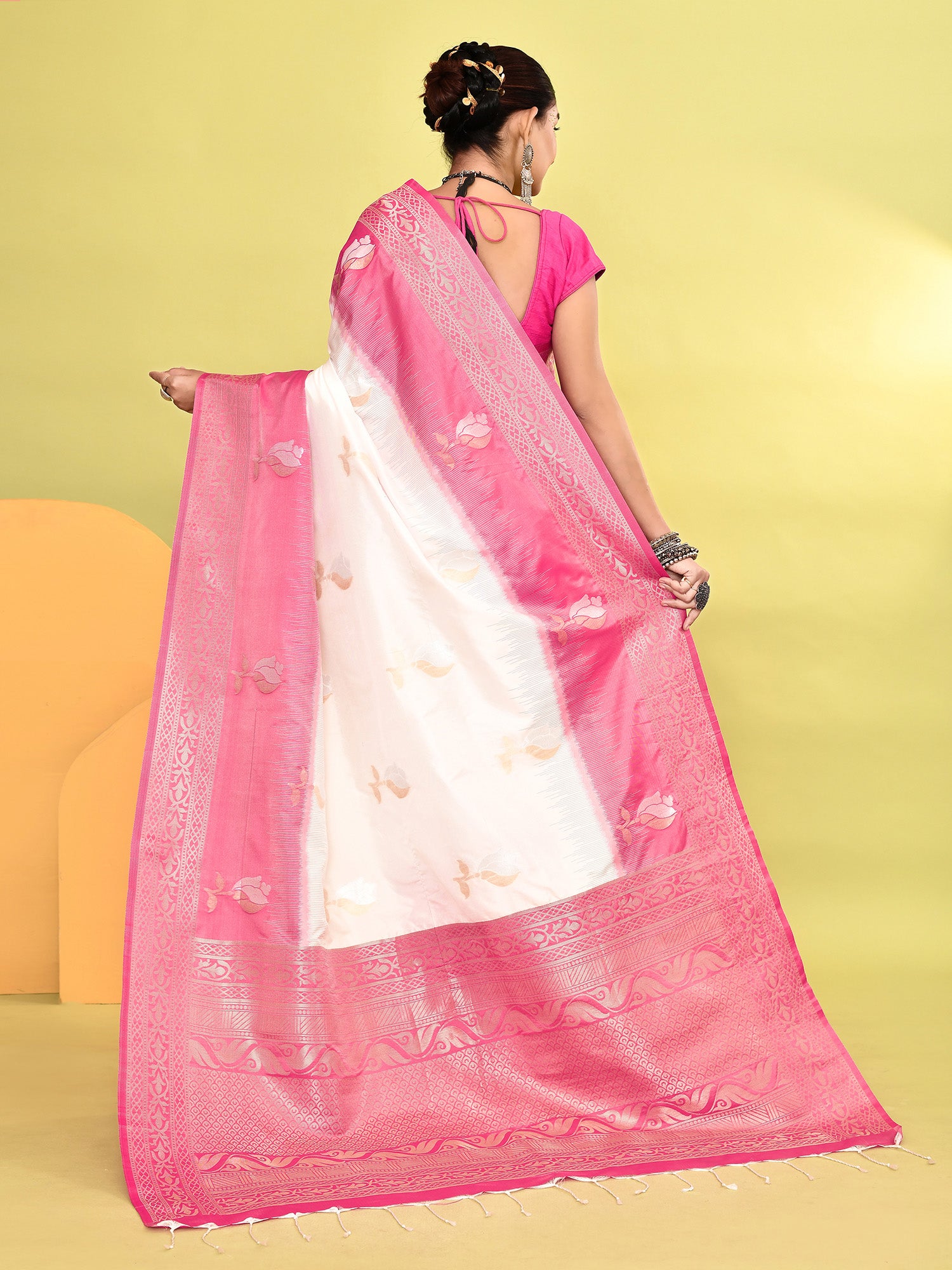 Pink and White Banarasi Silk Saree with Unstitched Blouse