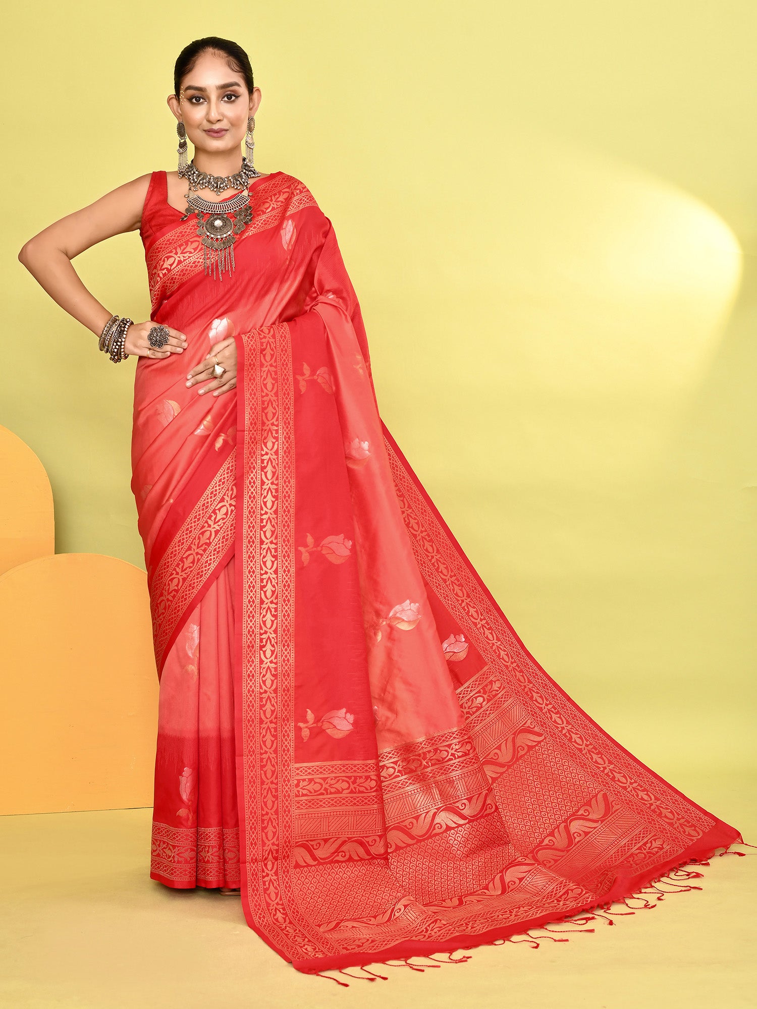 Peach and Red Banarasi Silk Saree with Unstitched Blouse
