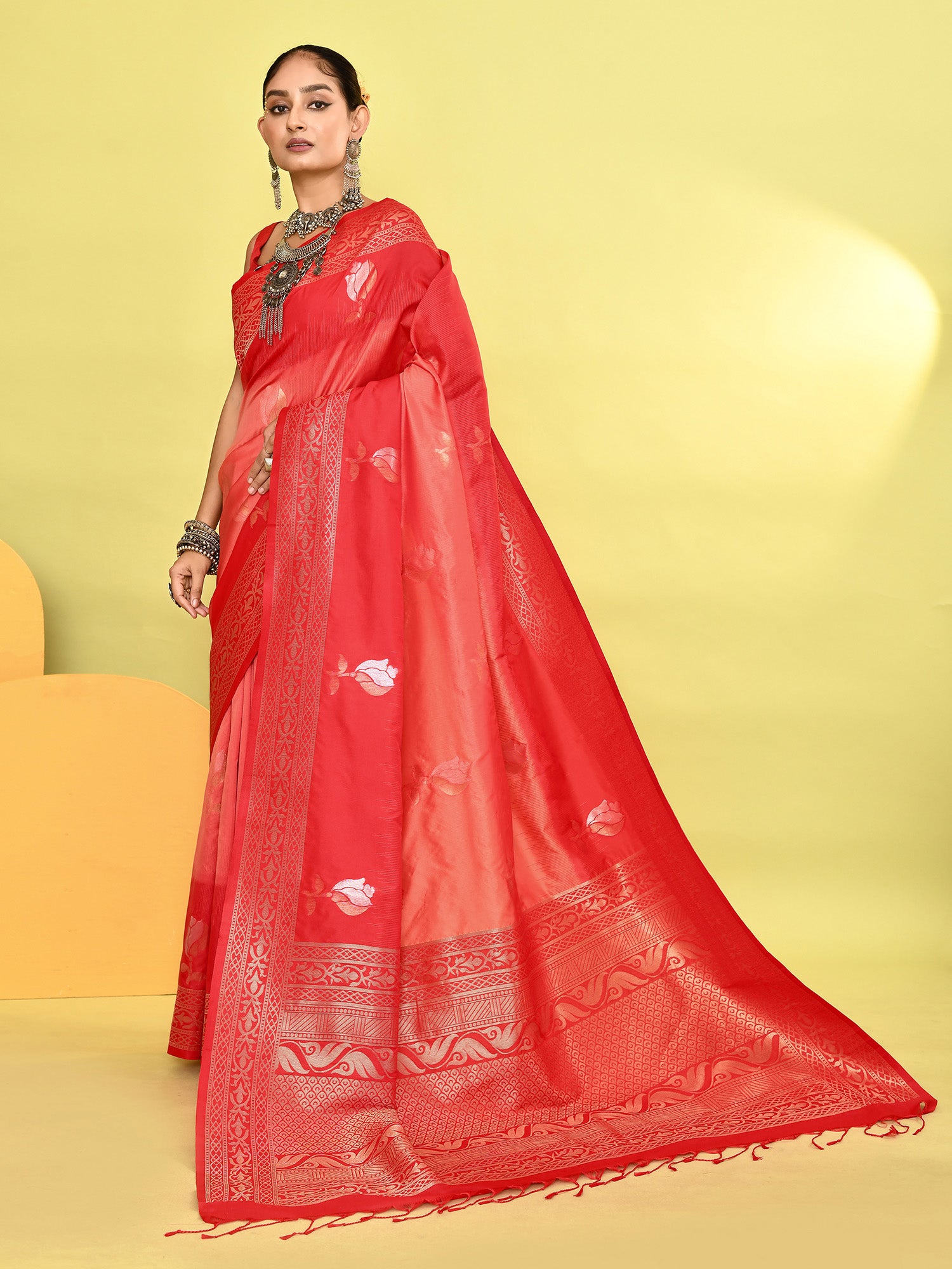 Peach and Red Banarasi Silk Saree with Unstitched Blouse