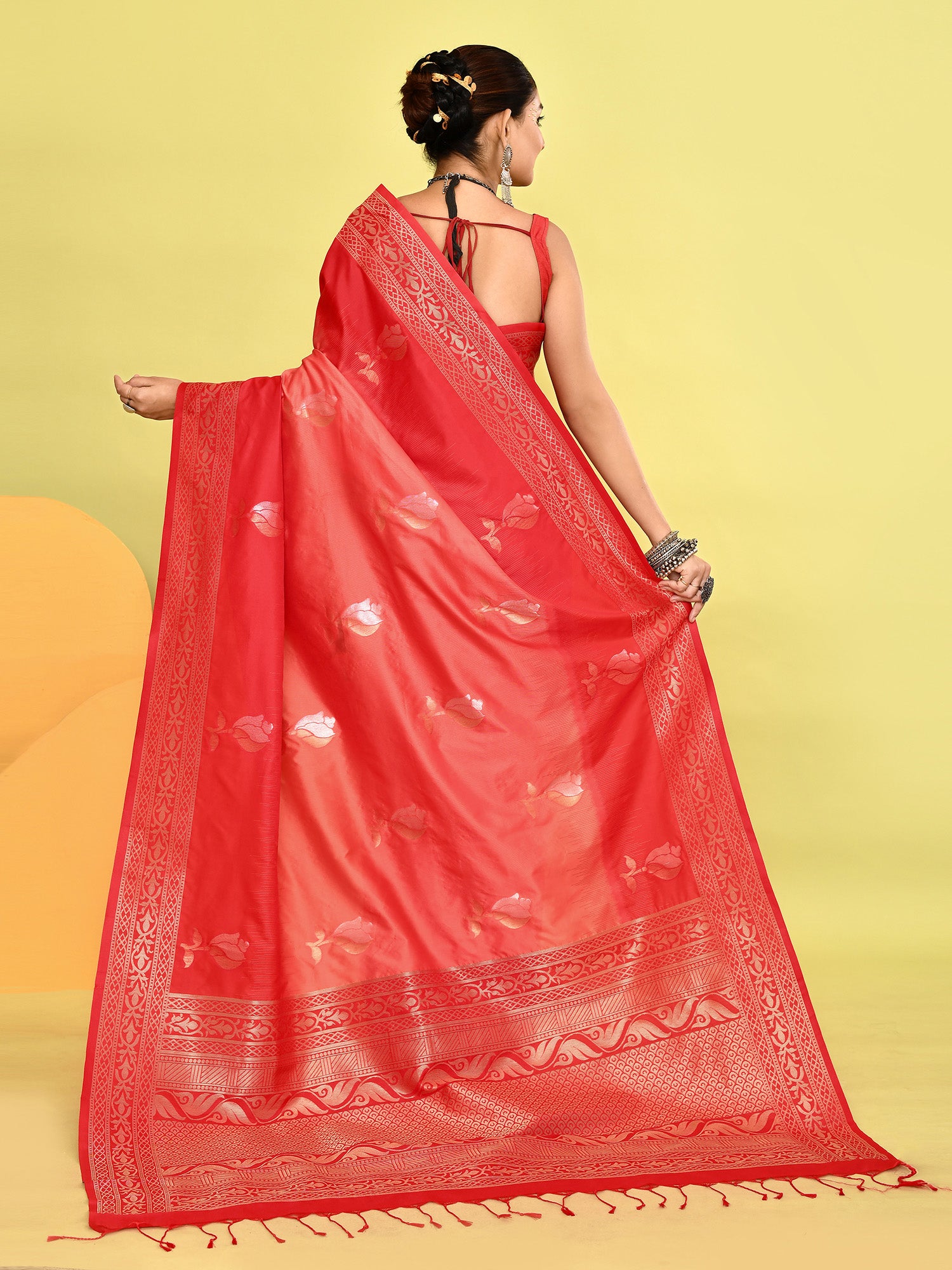 Peach and Red Banarasi Silk Saree with Unstitched Blouse