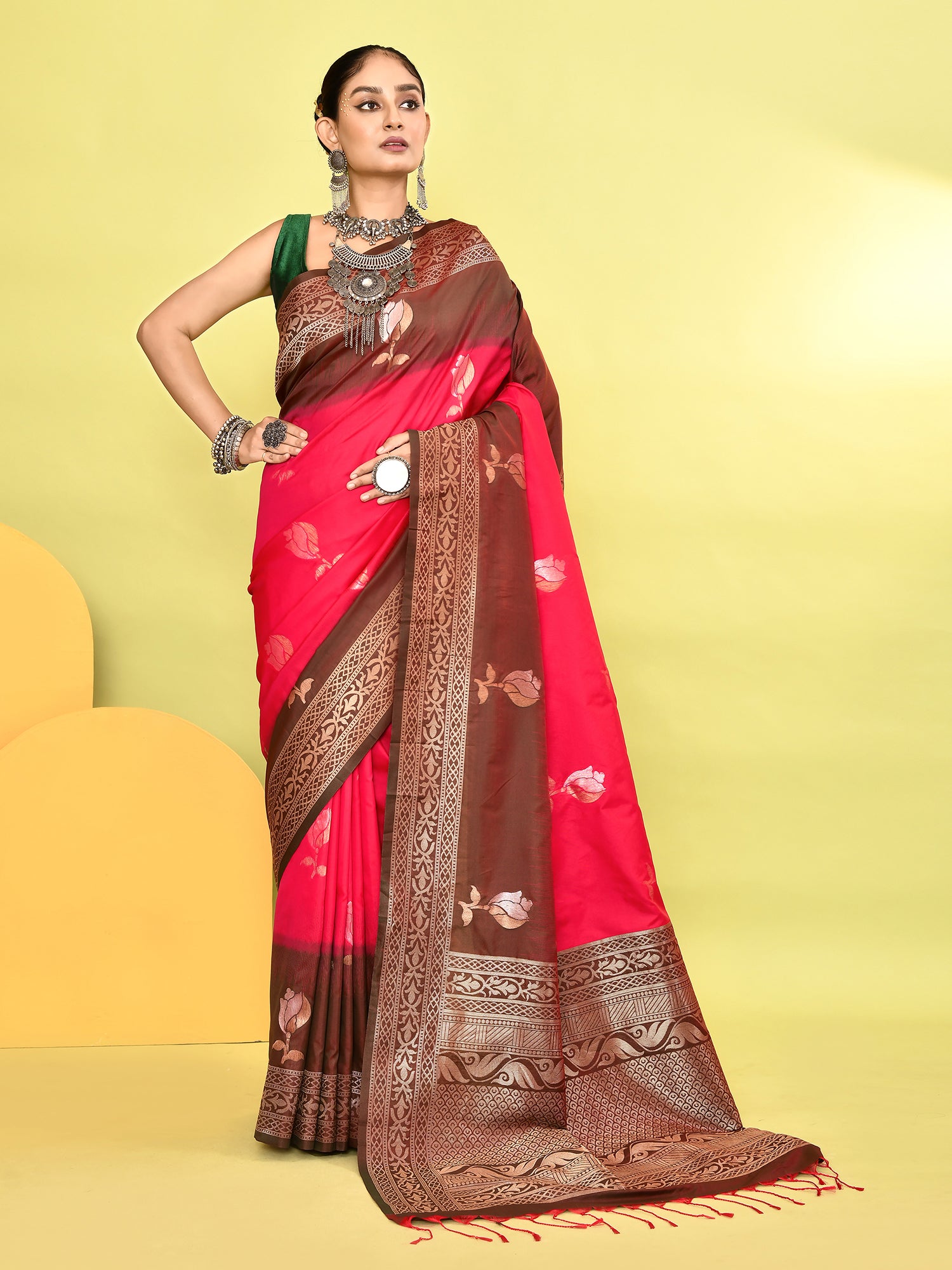 Pink and Green Banarasi Silk Saree with Unstitched Blouse