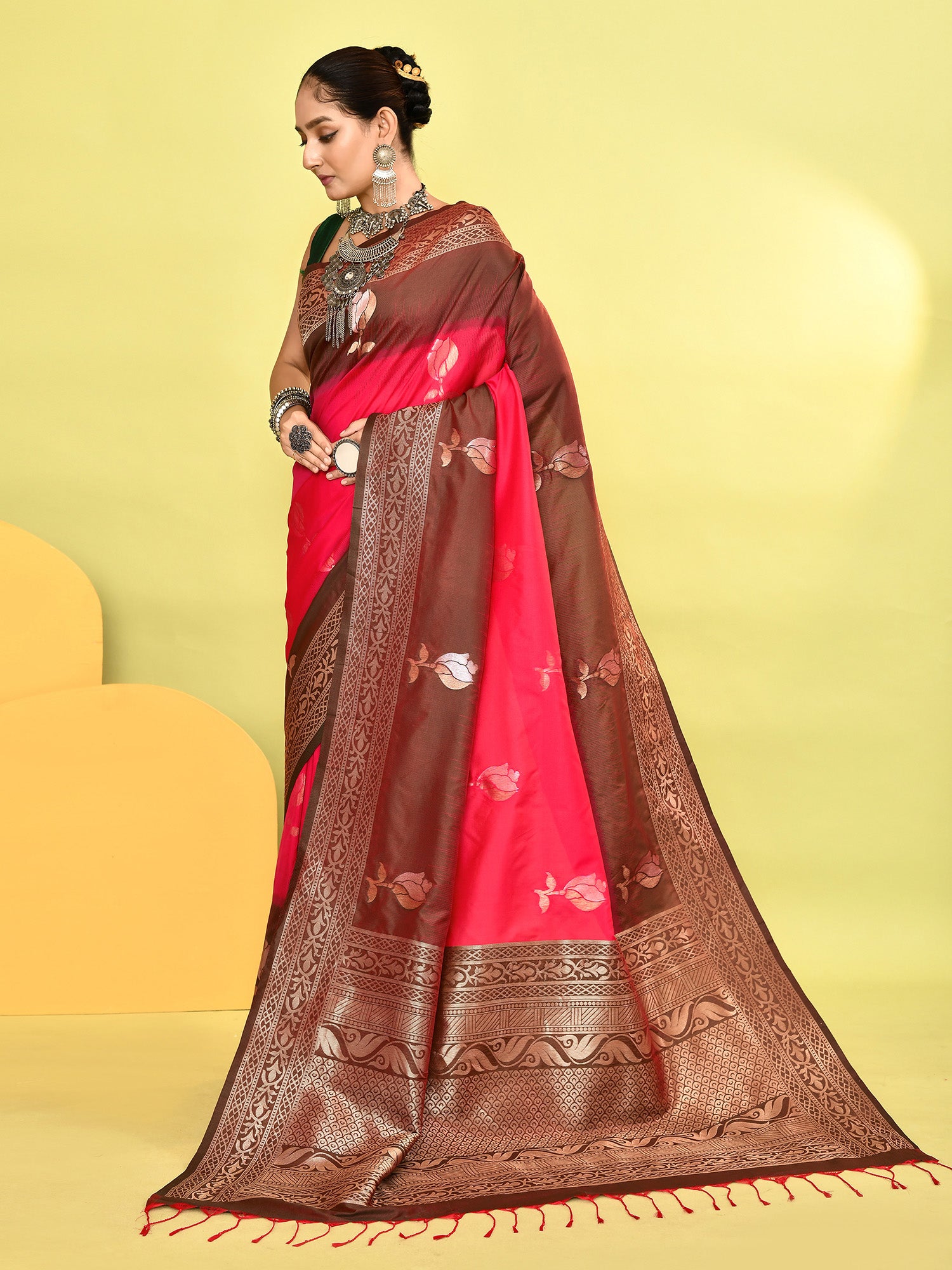Pink and Green Banarasi Silk Saree with Unstitched Blouse