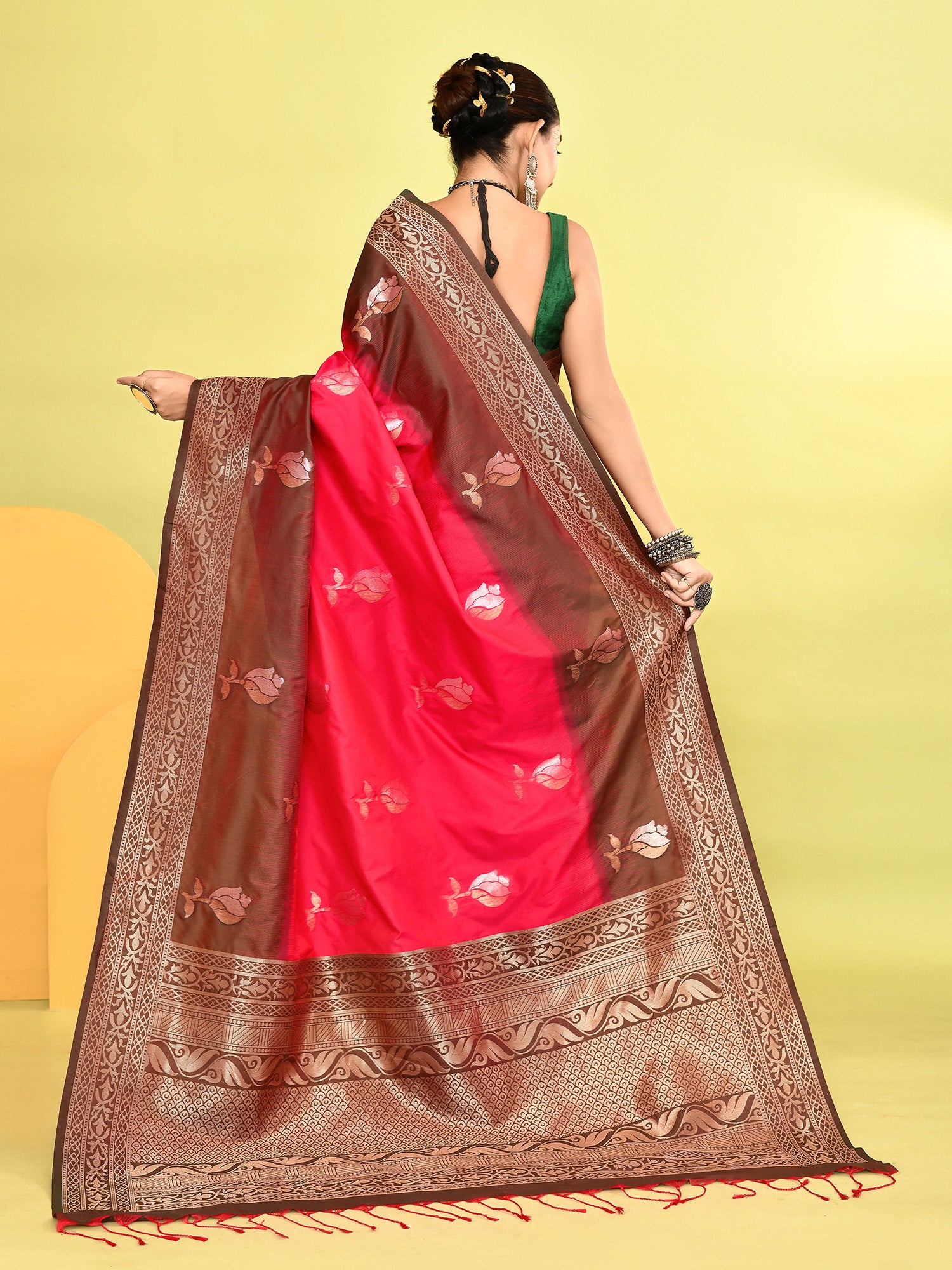Pink and Green Banarasi Silk Saree with Unstitched Blouse