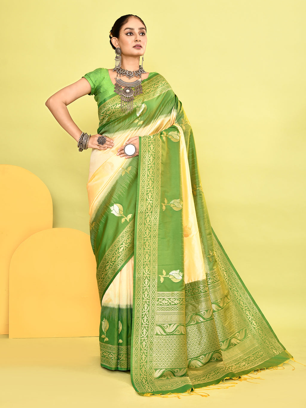 Yellow and Green Banarasi Silk Saree with Unstitched Blouse