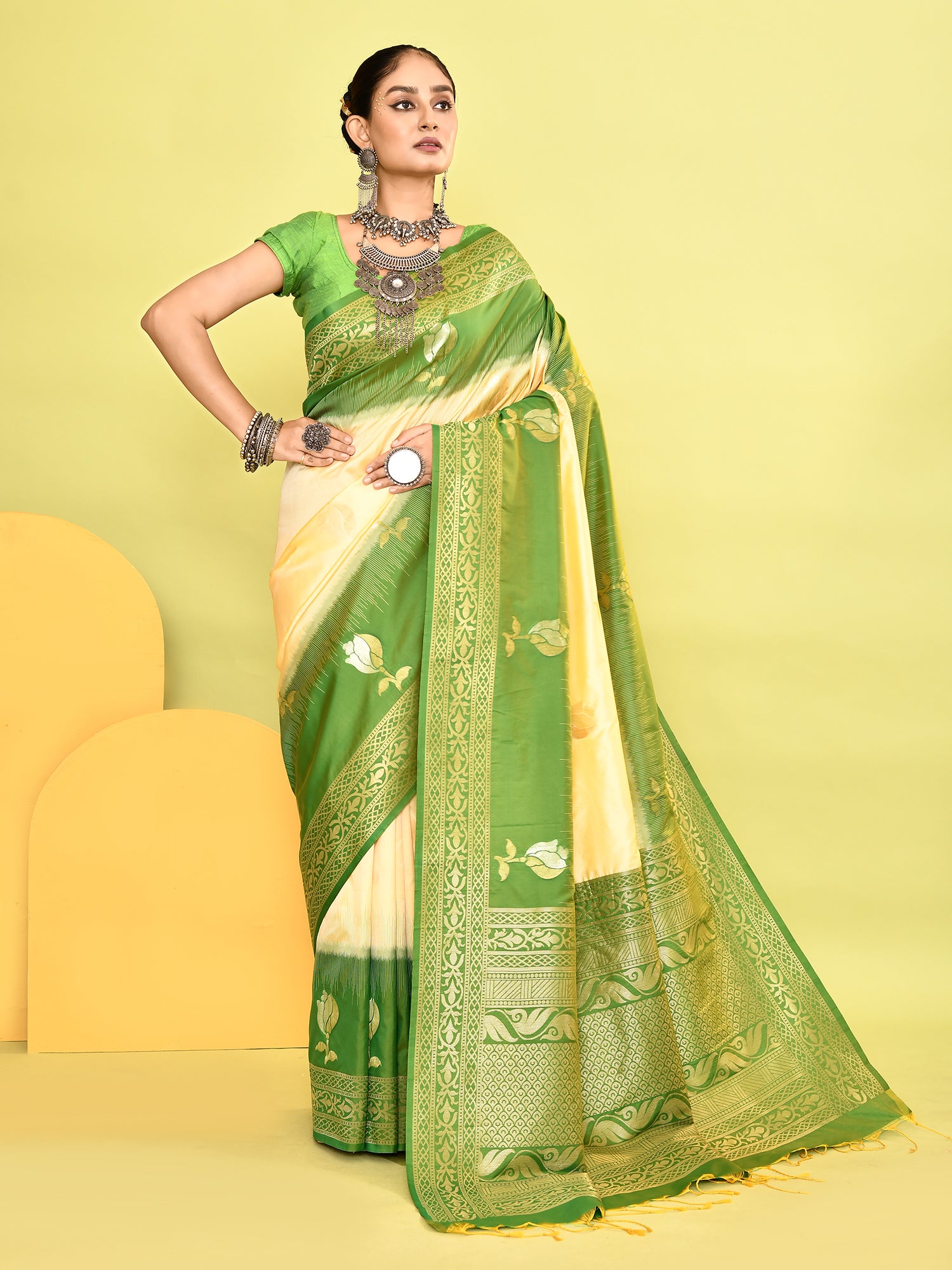 Yellow and Green Banarasi Silk Saree with Unstitched Blouse