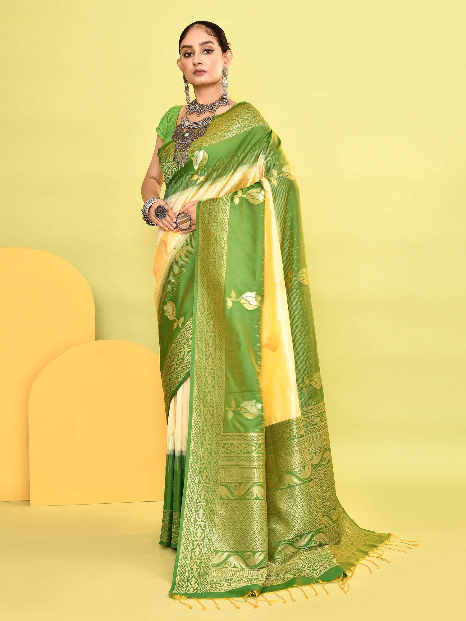 Yellow and Green Banarasi Silk Saree with Unstitched Blouse