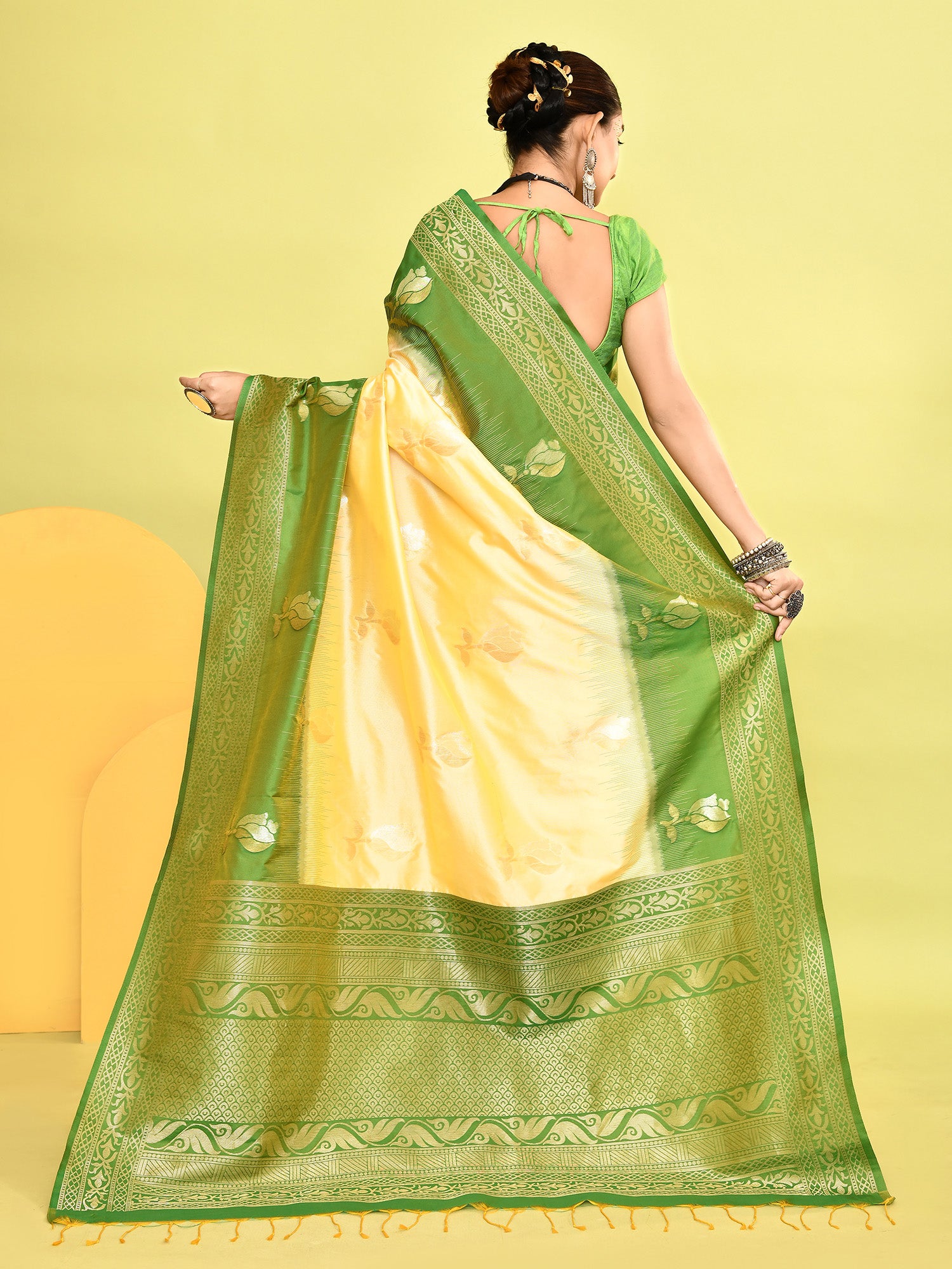 Yellow and Green Banarasi Silk Saree with Unstitched Blouse