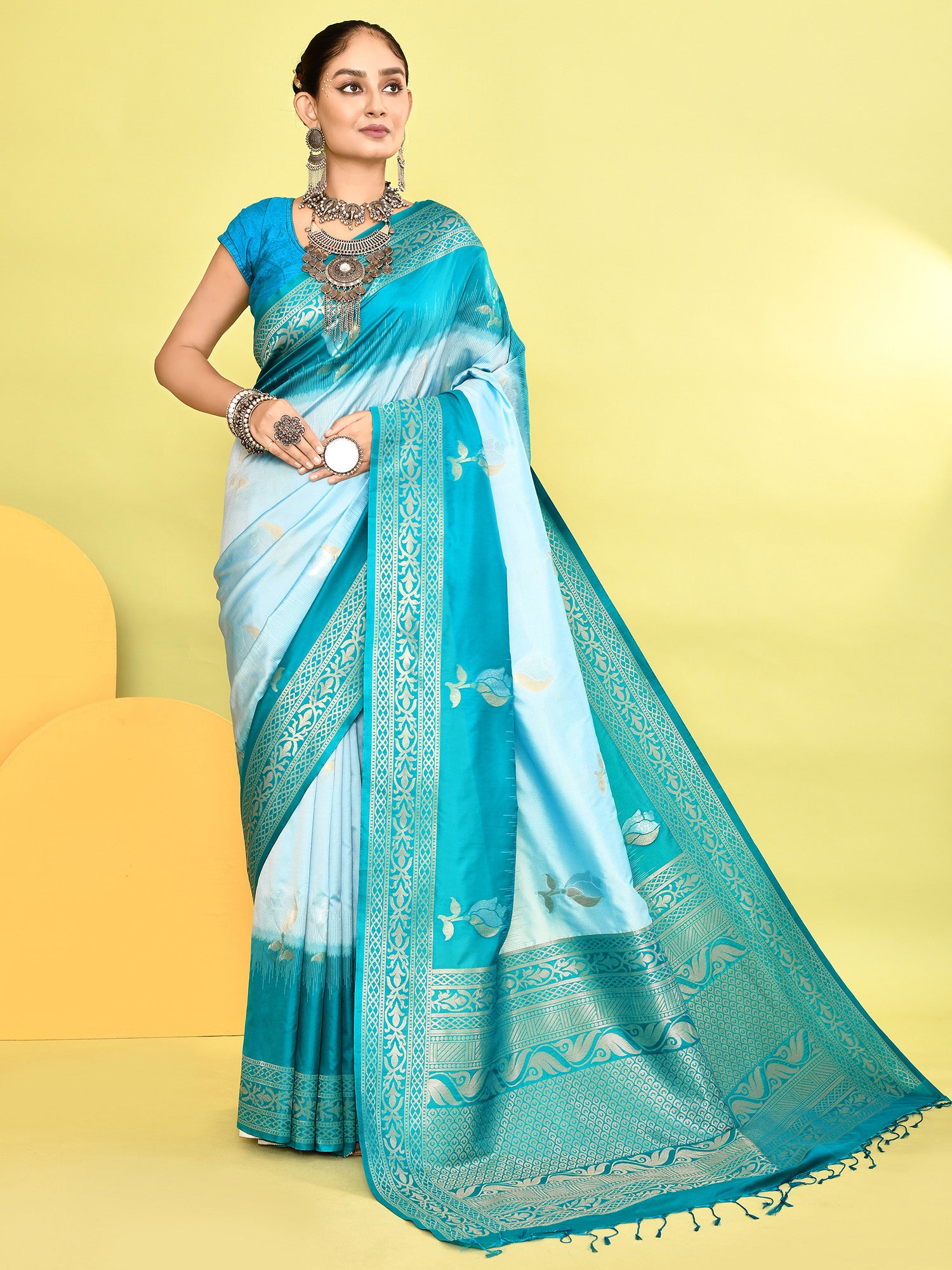 Light Blue Banarasi Silk Saree with Unstitched Blouse