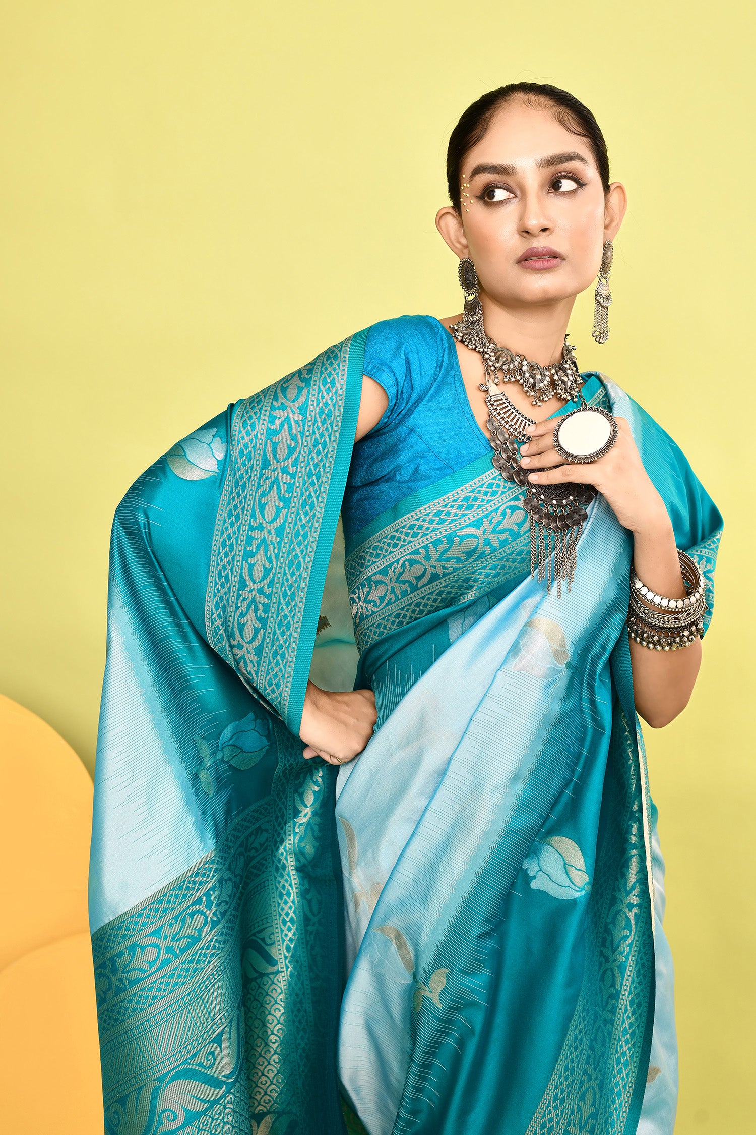 Light Blue Banarasi Silk Saree with Unstitched Blouse