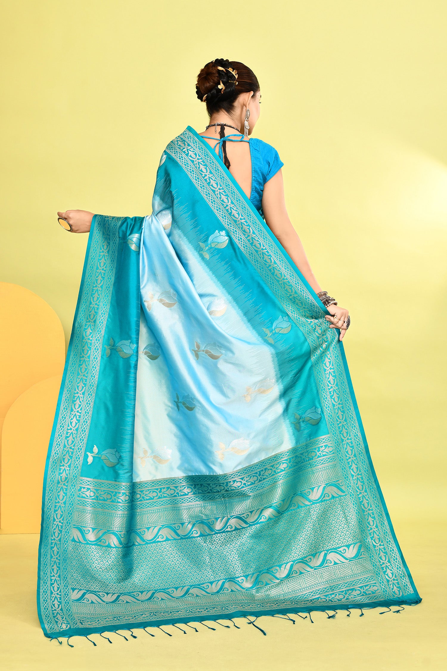 Light Blue Banarasi Silk Saree with Unstitched Blouse