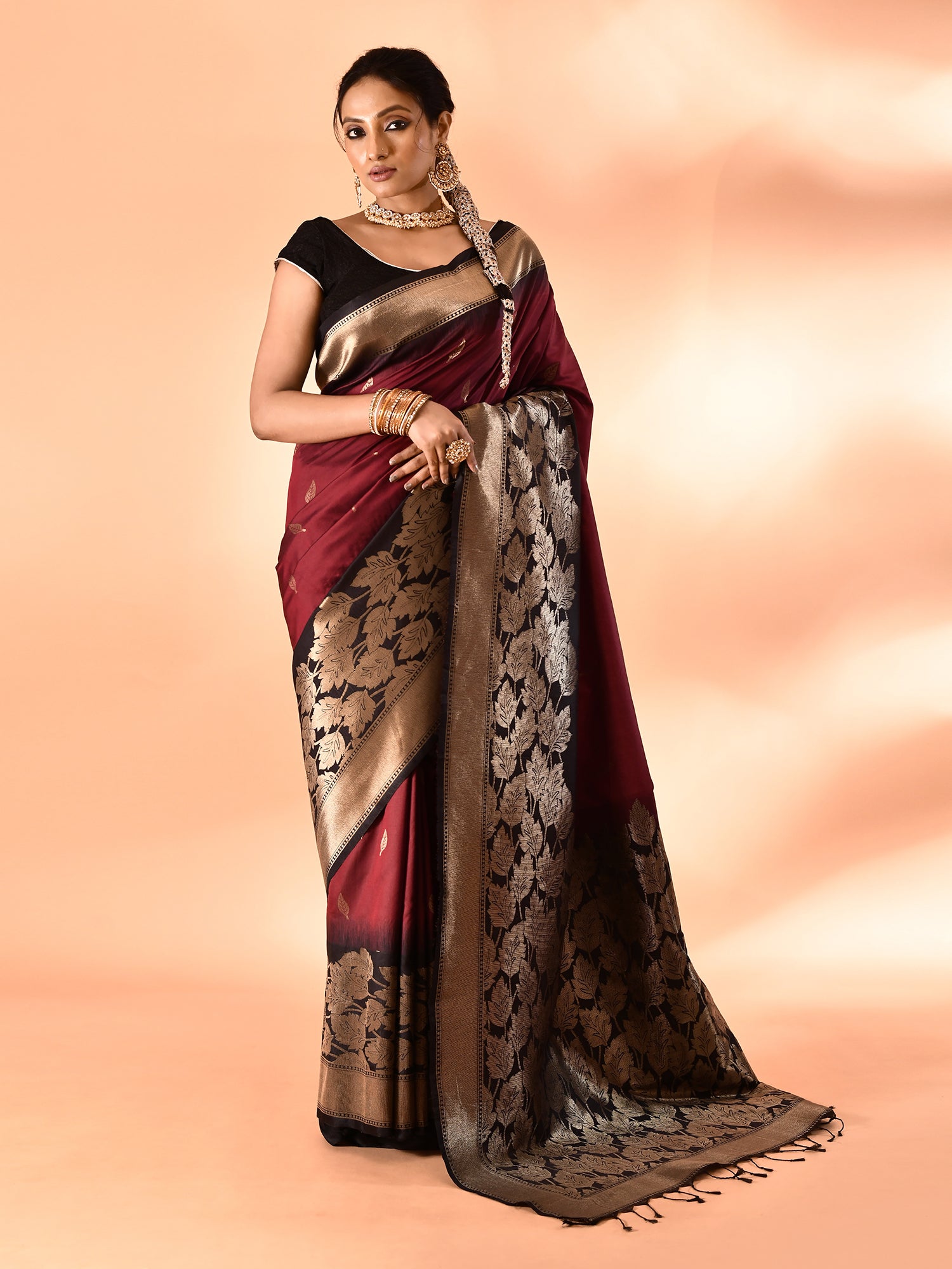 Maroon and Black Banarasi Silk Saree with Unstitched Blouse