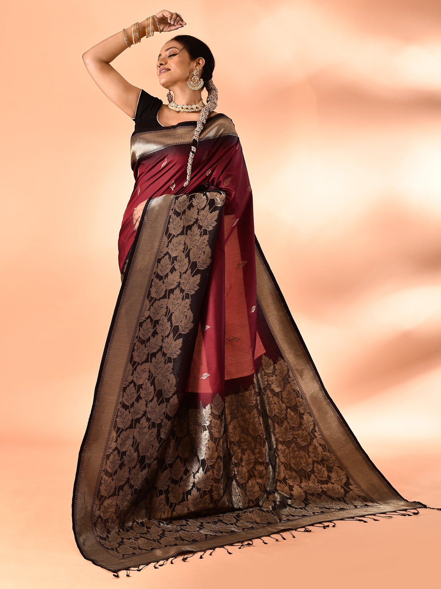 Maroon and Black Banarasi Silk Saree with Unstitched Blouse
