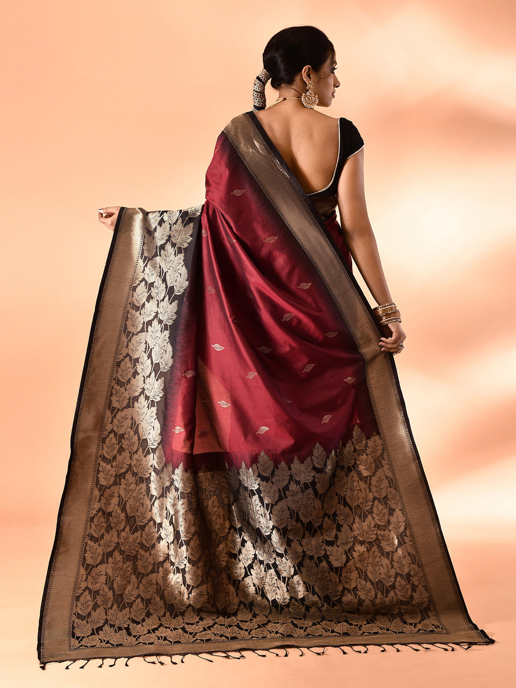 Maroon and Black Banarasi Silk Saree with Unstitched Blouse