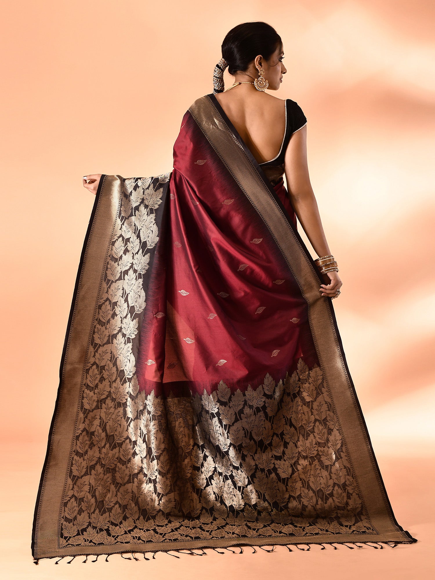 Maroon and Black Banarasi Silk Saree with Unstitched Blouse