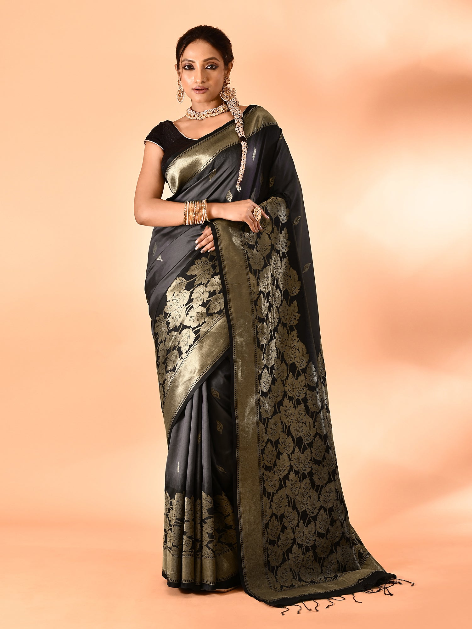 Black and Grey Banarasi Silk Saree with Unstitched Blouse