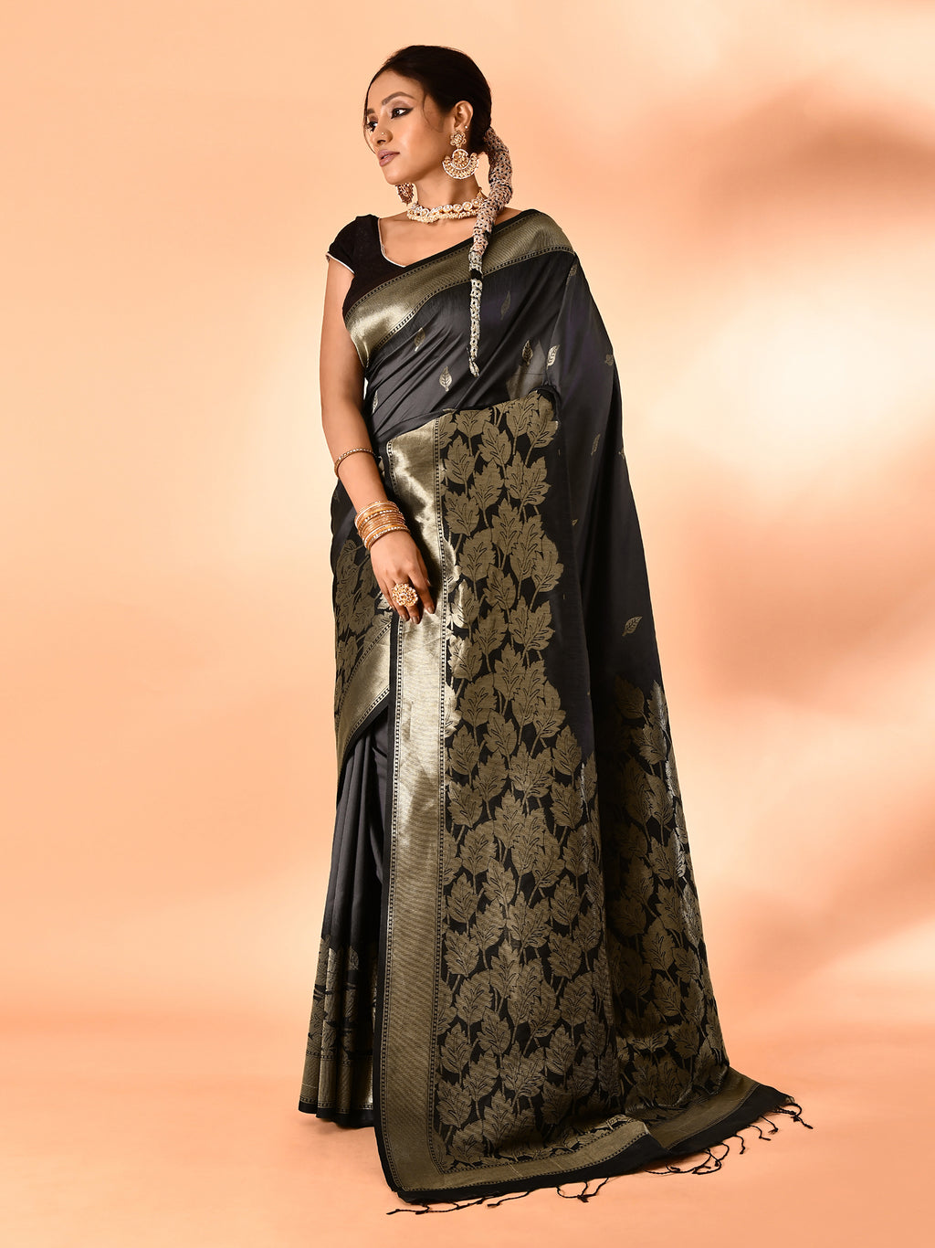 Black and Grey Banarasi Silk Saree with Unstitched Blouse