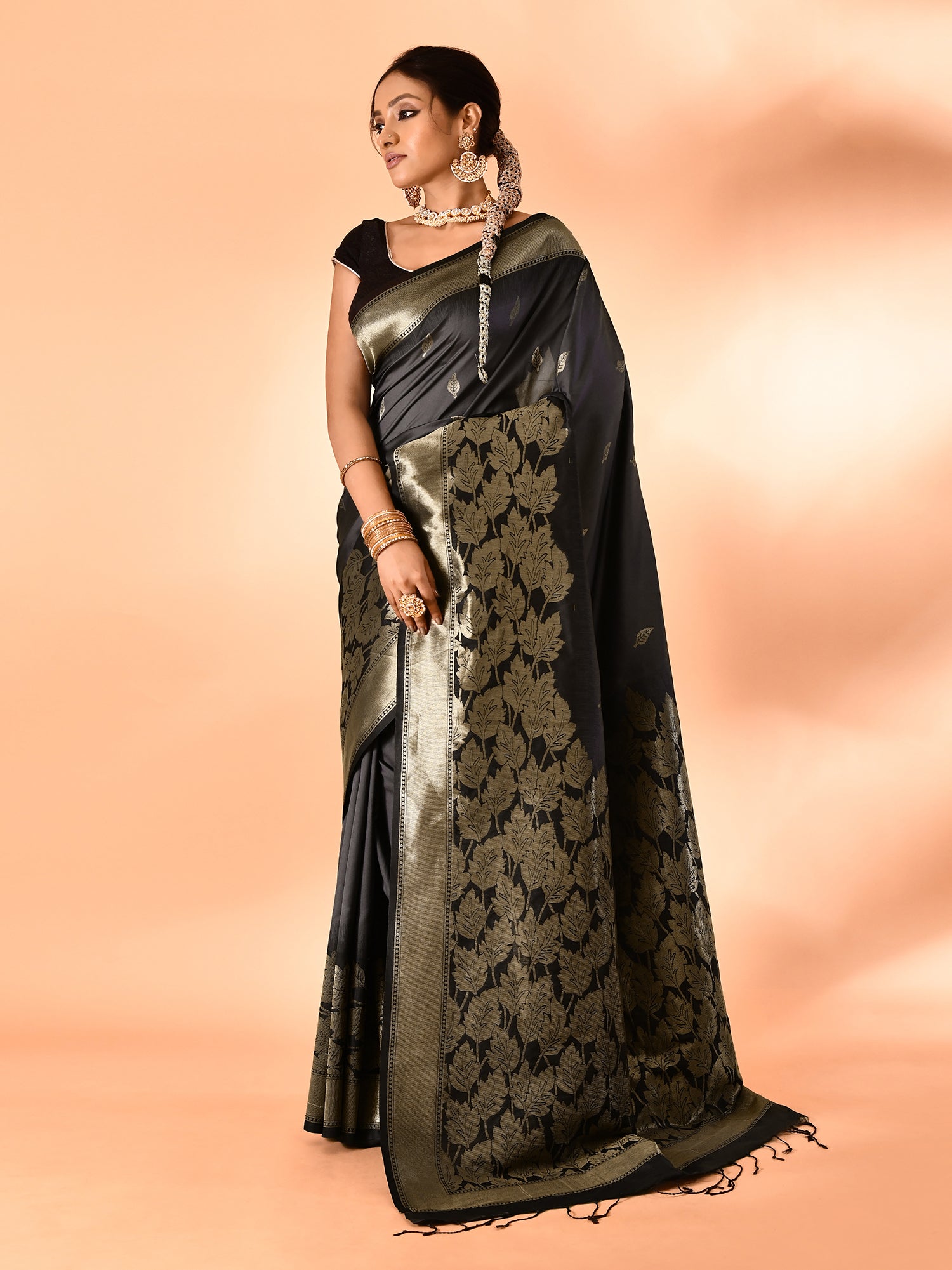Black and Grey Banarasi Silk Saree with Unstitched Blouse