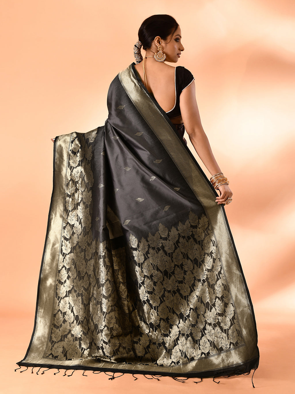 Black and Grey Banarasi Silk Saree with Unstitched Blouse