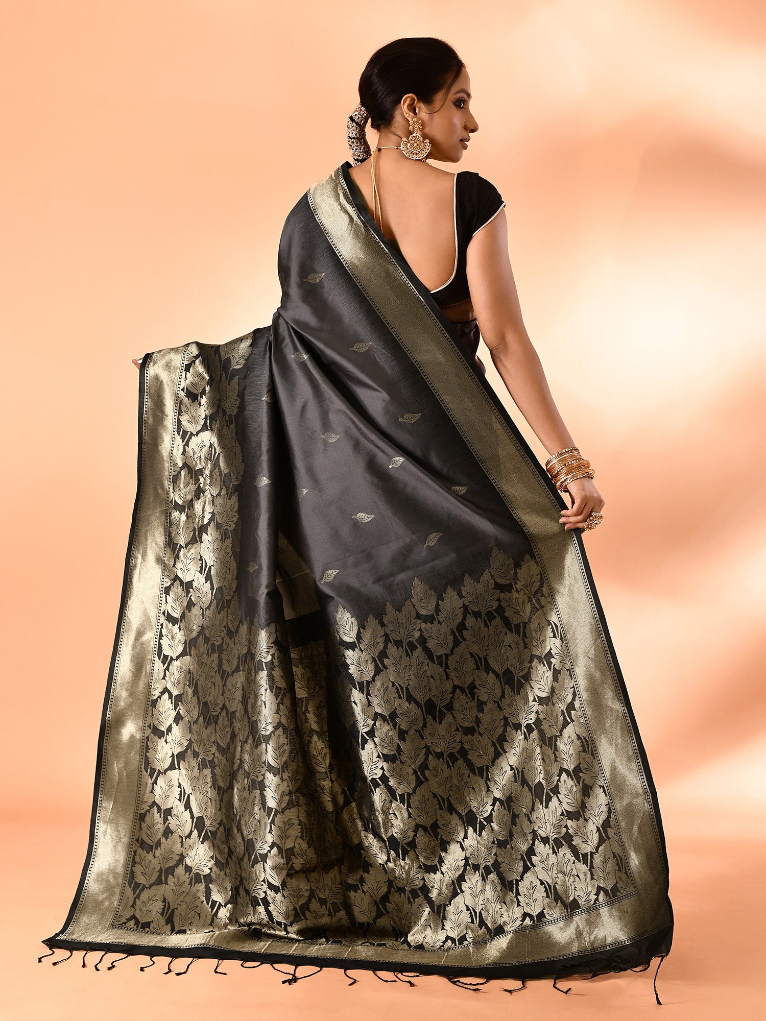 Black and Grey Banarasi Silk Saree with Unstitched Blouse
