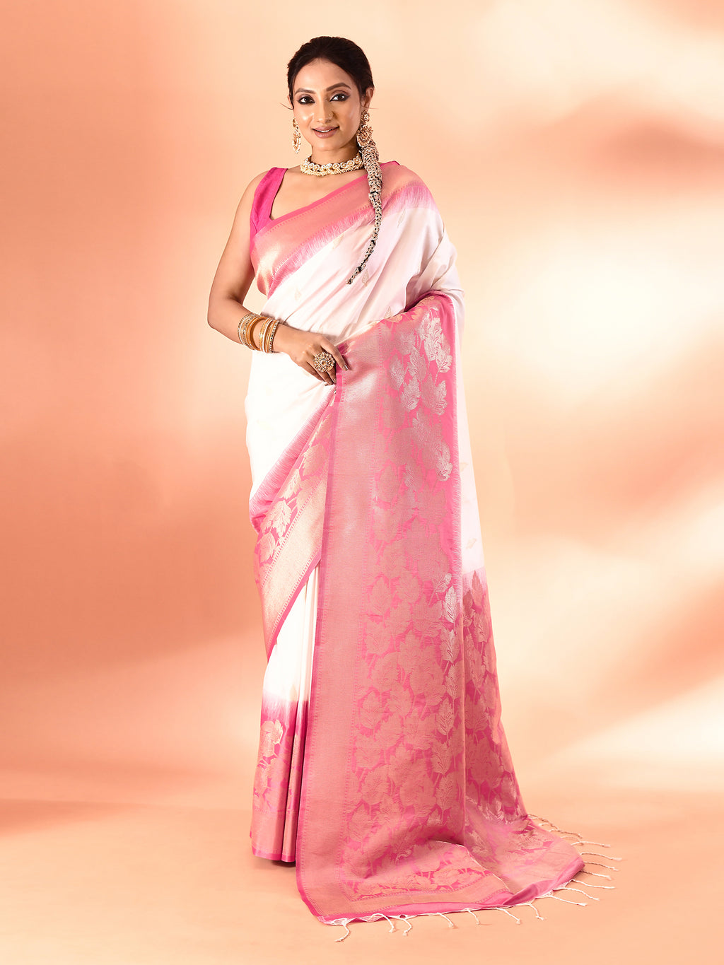 White and Pink Banarasi Silk Saree with Unstitched Blouse