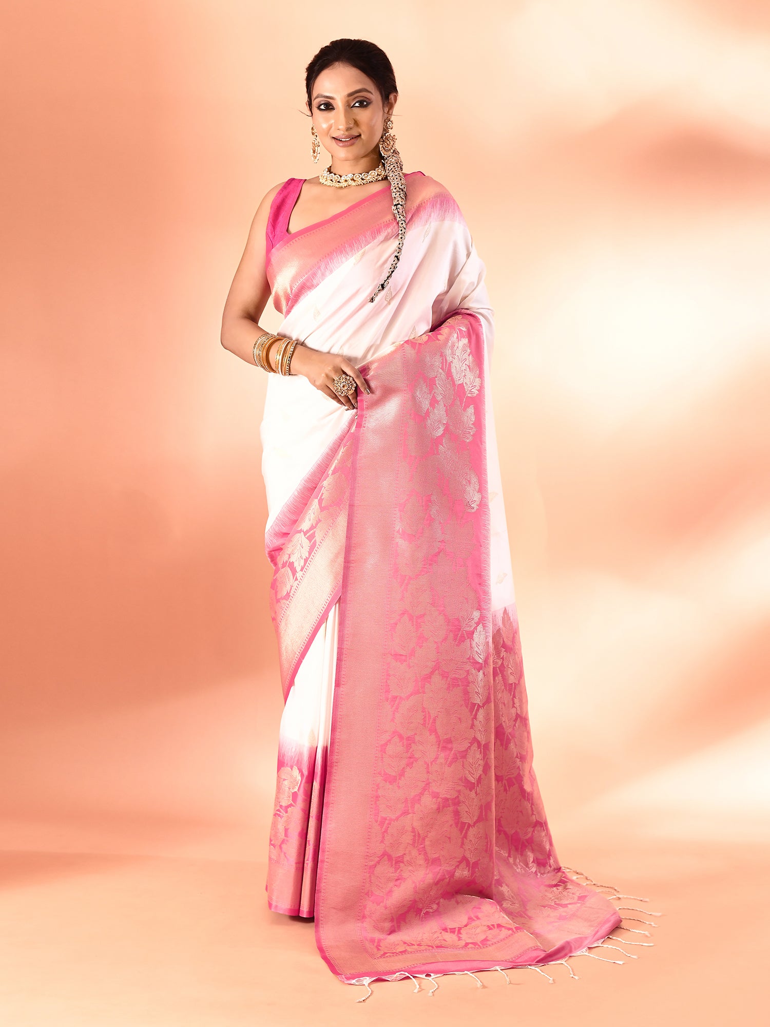 White and Pink Banarasi Silk Saree with Unstitched Blouse