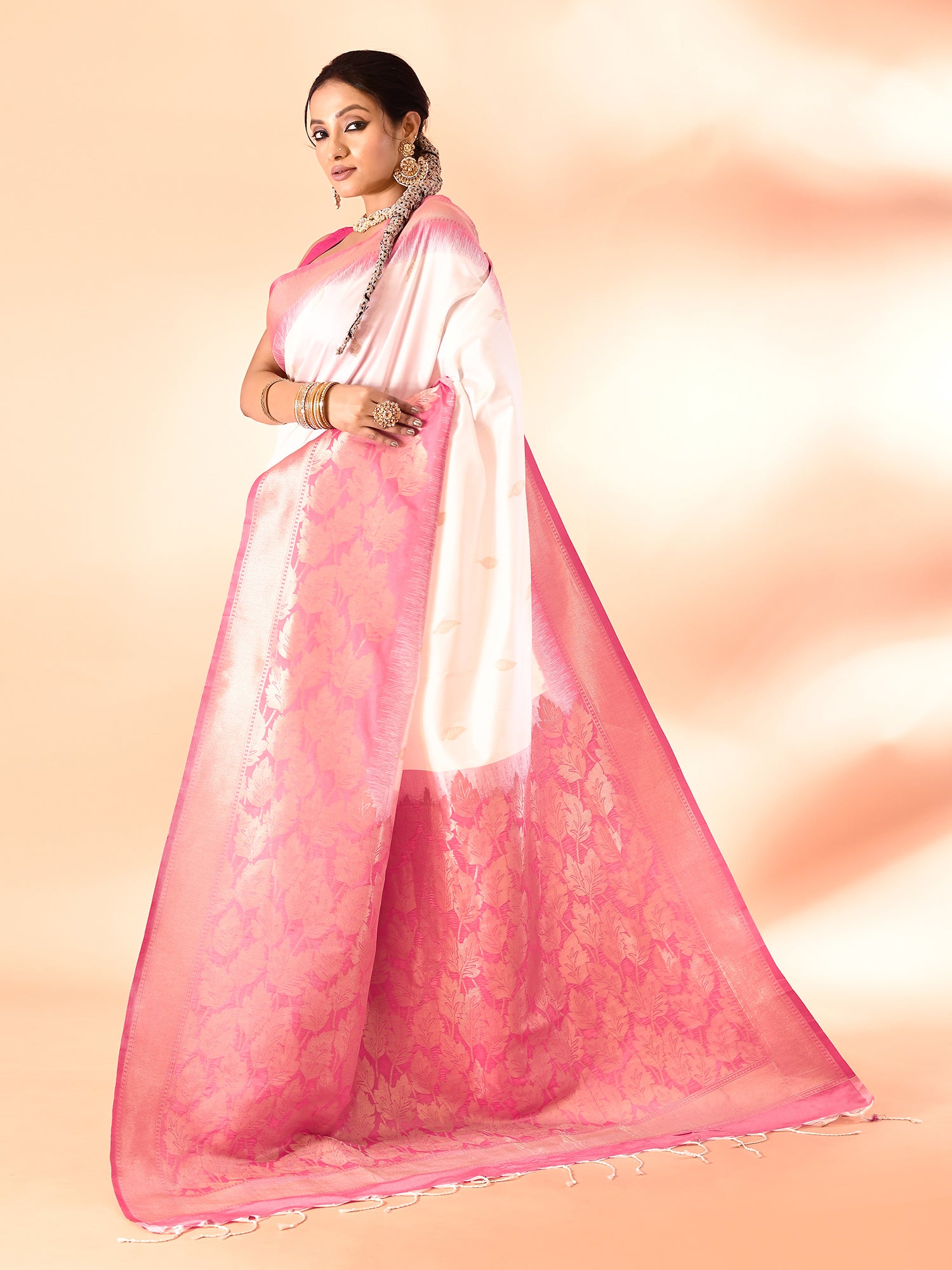 White and Pink Banarasi Silk Saree with Unstitched Blouse