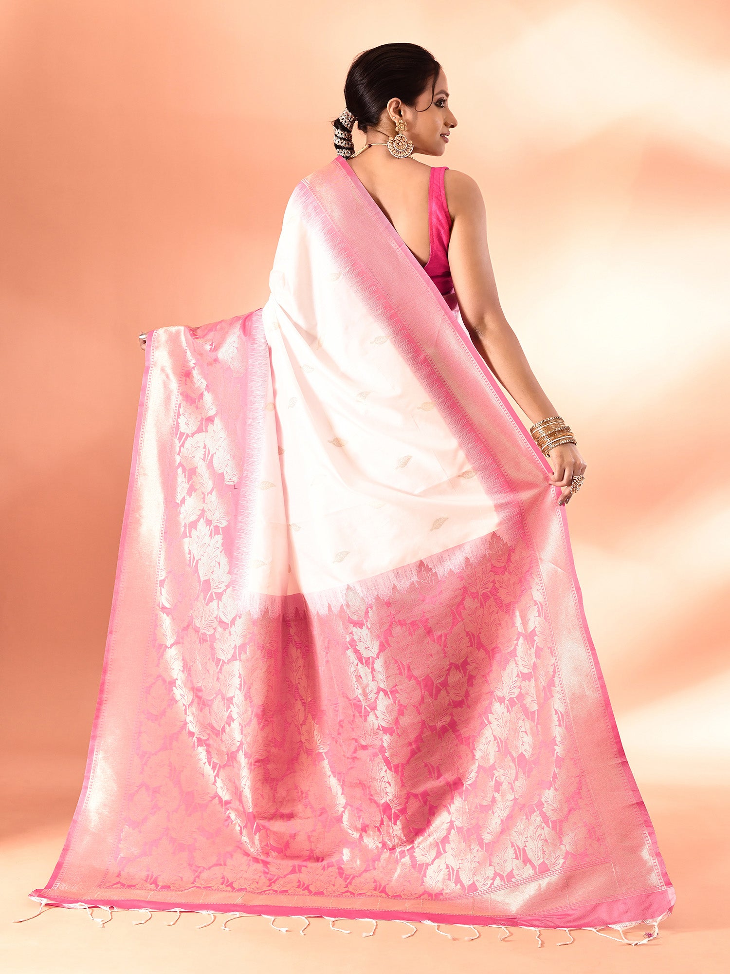 White and Pink Banarasi Silk Saree with Unstitched Blouse