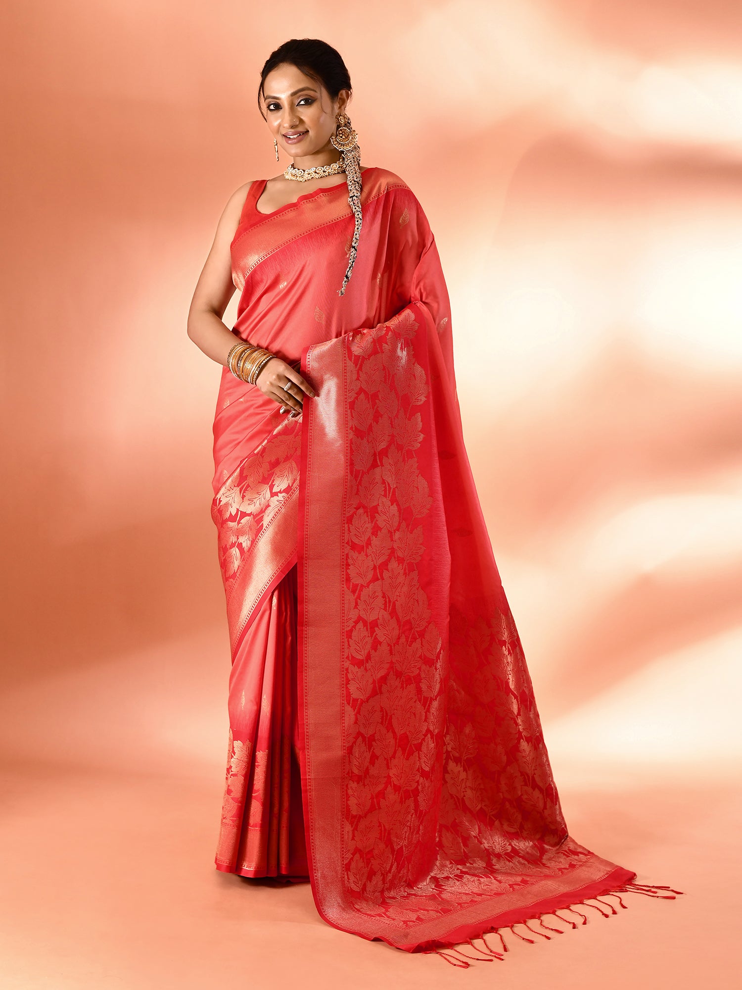 Red and Peach Banarasi Silk Saree with Unstitched Blouse