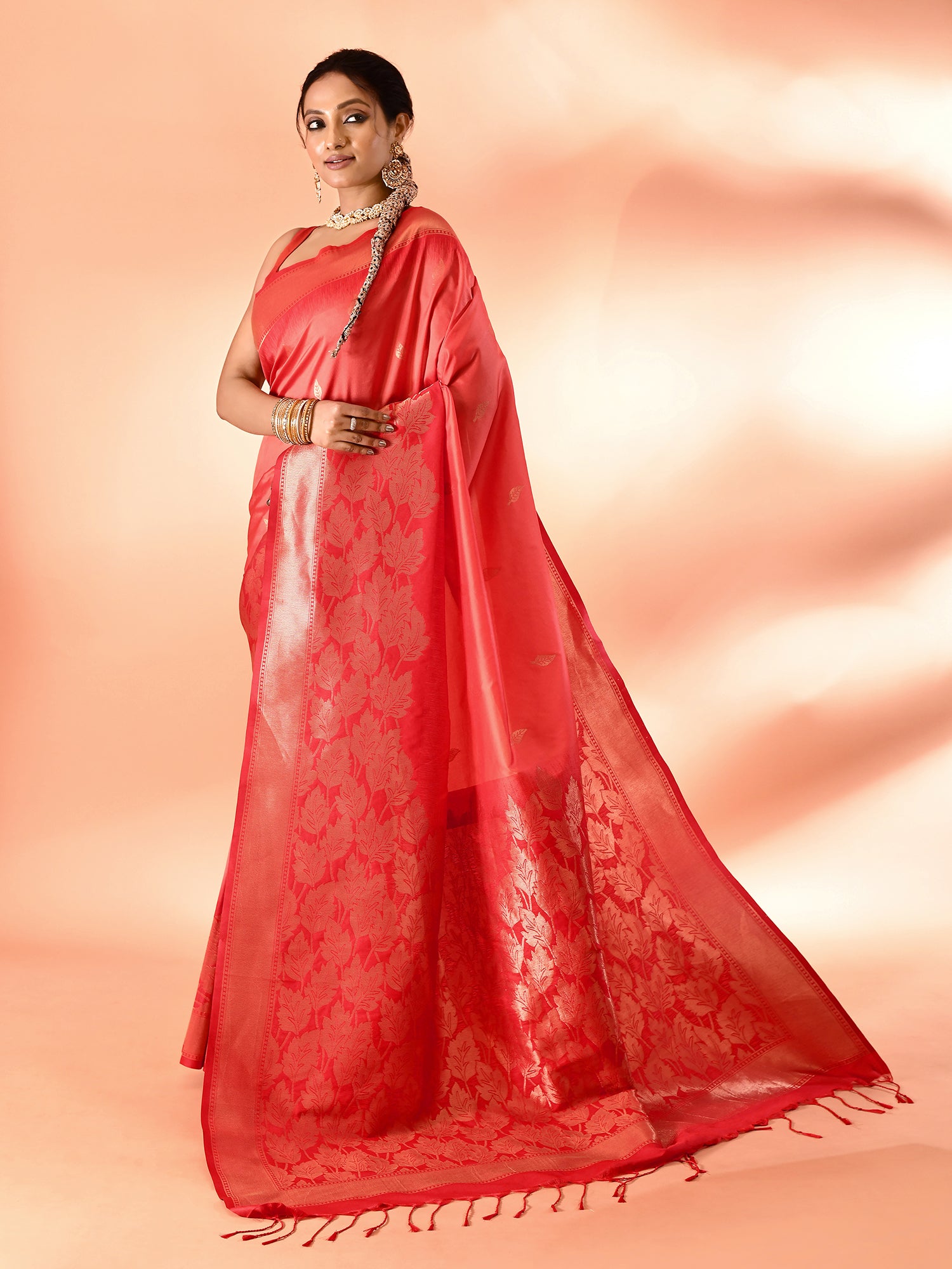 Red and Peach Banarasi Silk Saree with Unstitched Blouse