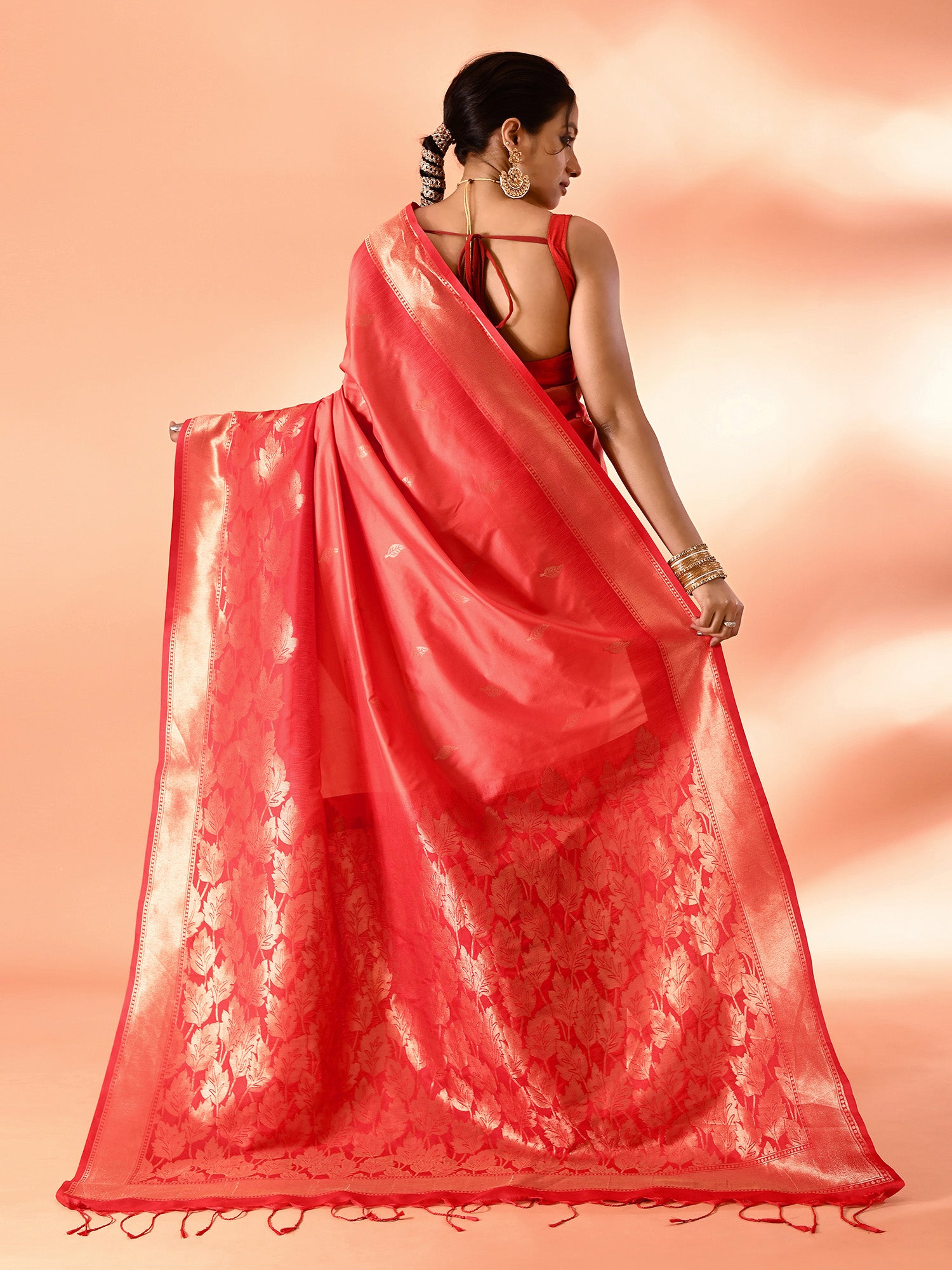 Red and Peach Banarasi Silk Saree with Unstitched Blouse