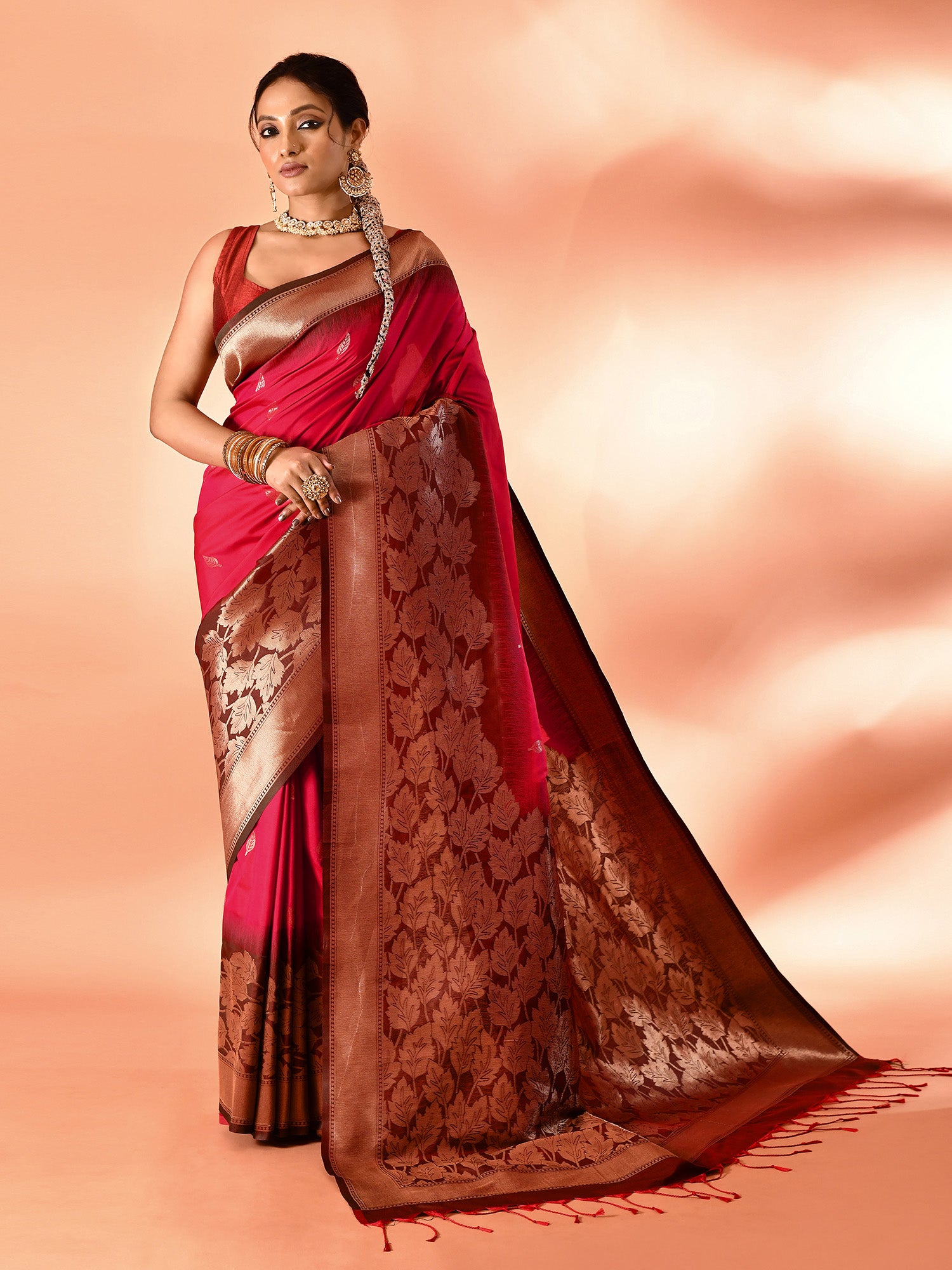Pink Banarasi Silk Saree with Unstitched Blouse