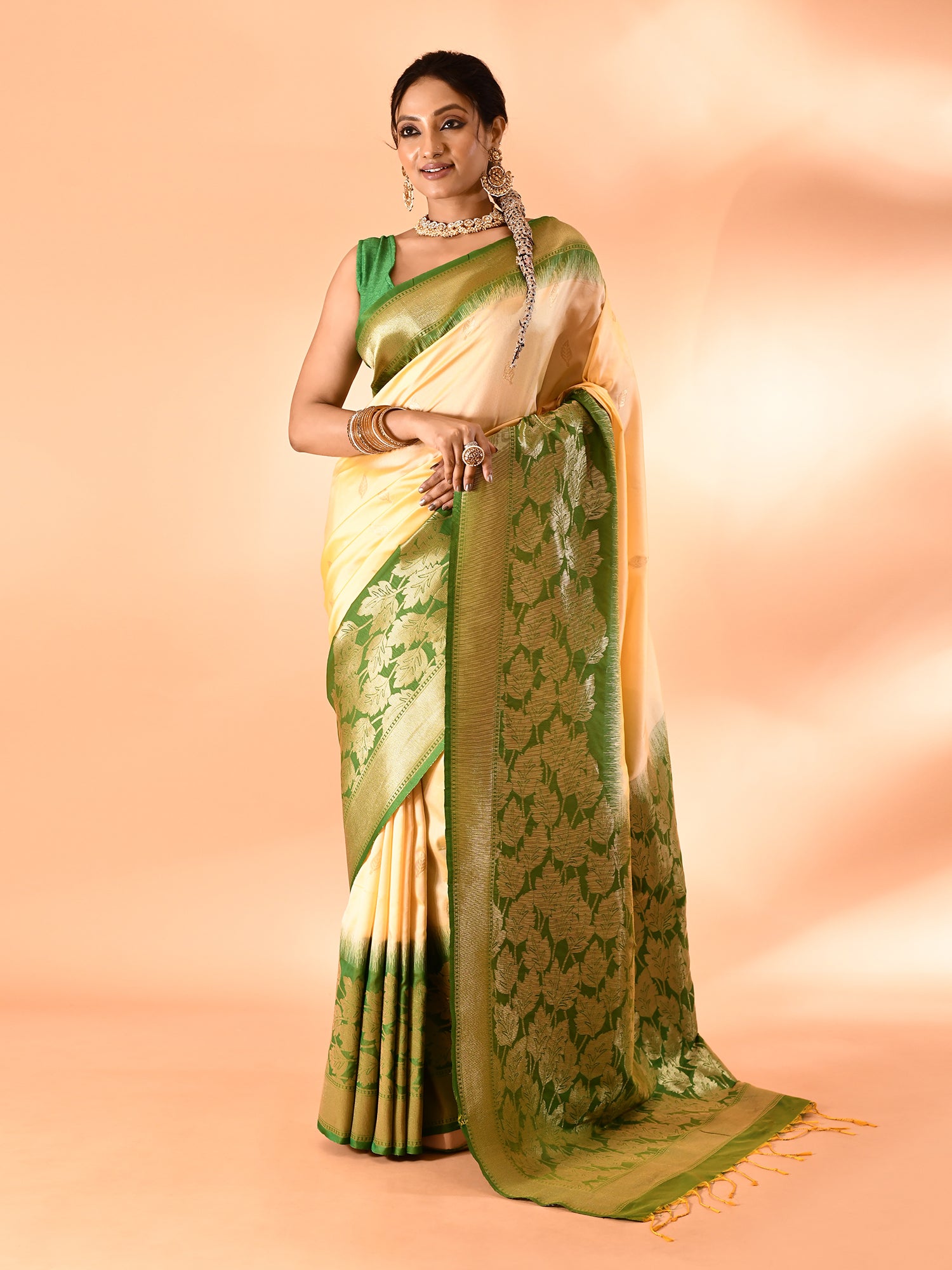 Yellow and Green Banarasi Silk Saree with Unstitched Blouse