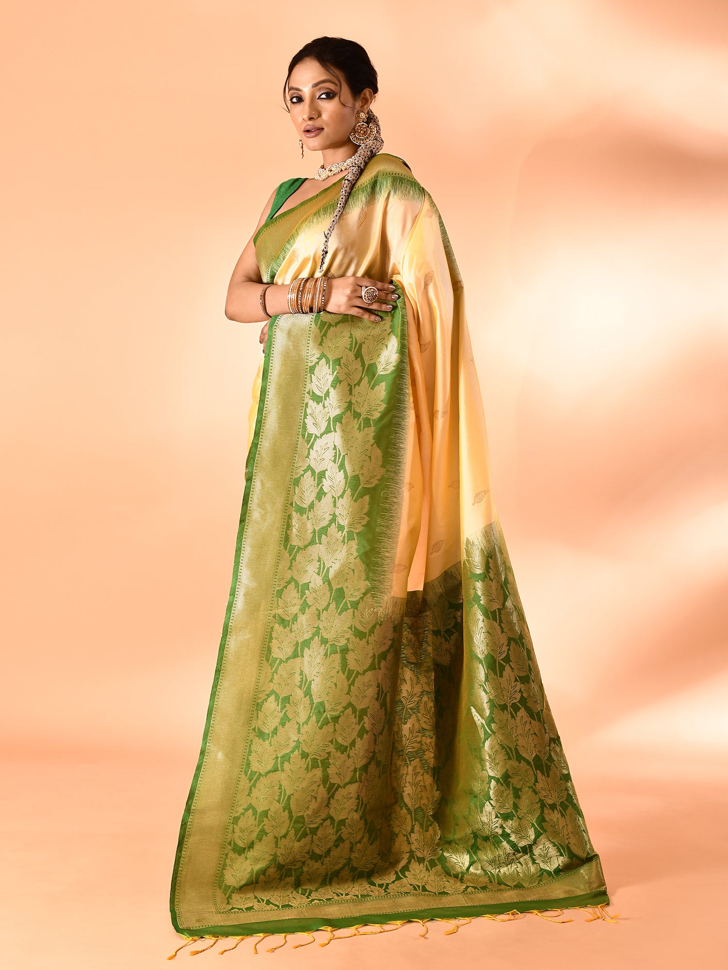 Yellow and Green Banarasi Silk Saree with Unstitched Blouse