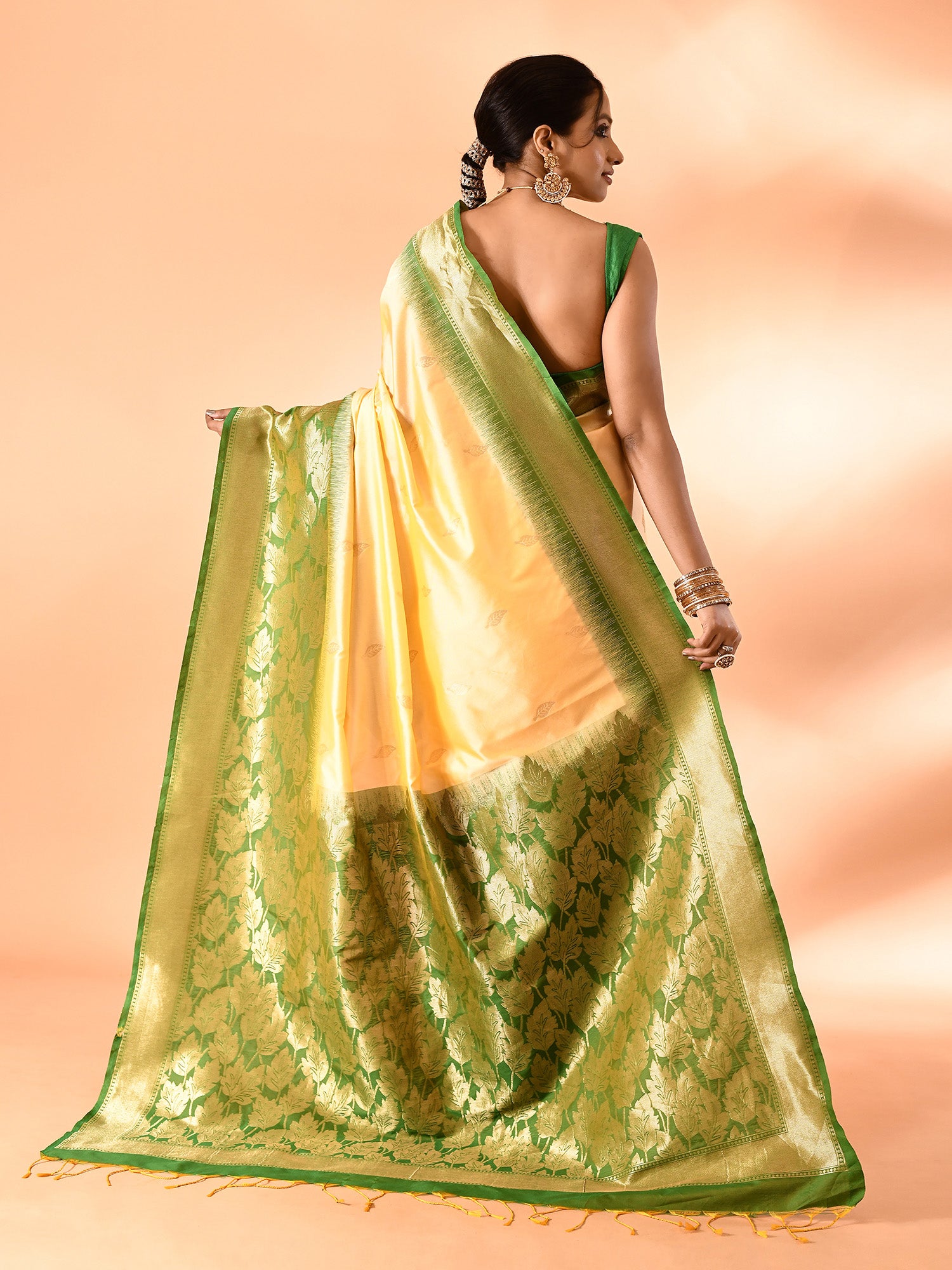 Yellow and Green Banarasi Silk Saree with Unstitched Blouse