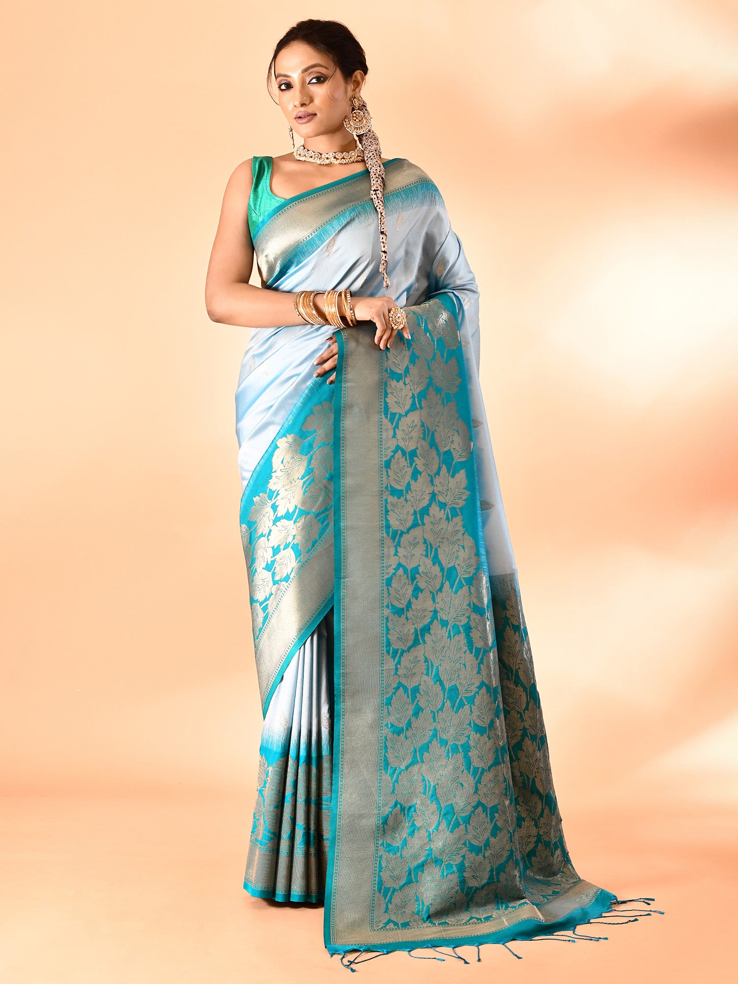 Sky Blue and Sea Green Banarasi Silk Saree with Unstitched Blouse
