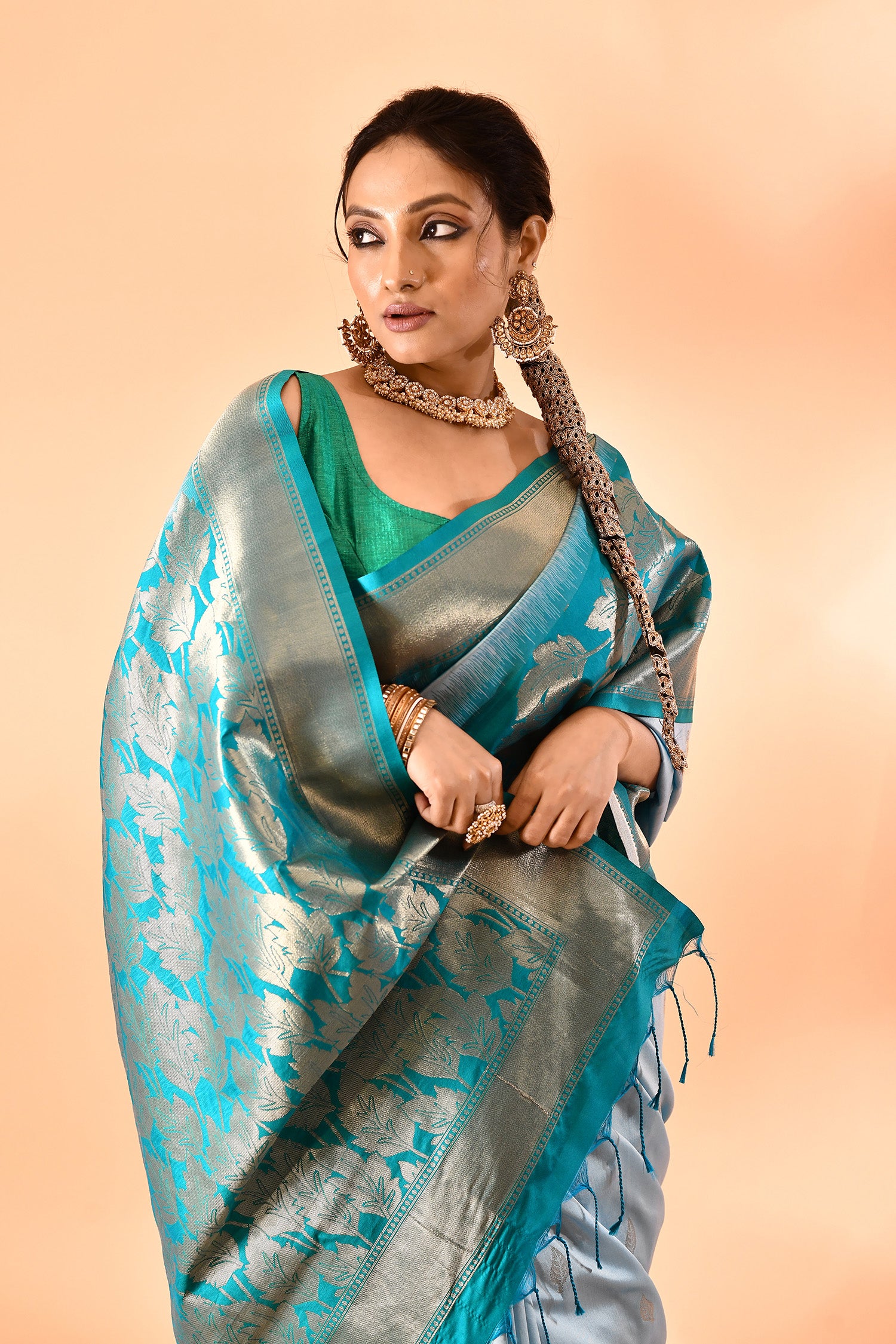 Sky Blue and Sea Green Banarasi Silk Saree with Unstitched Blouse